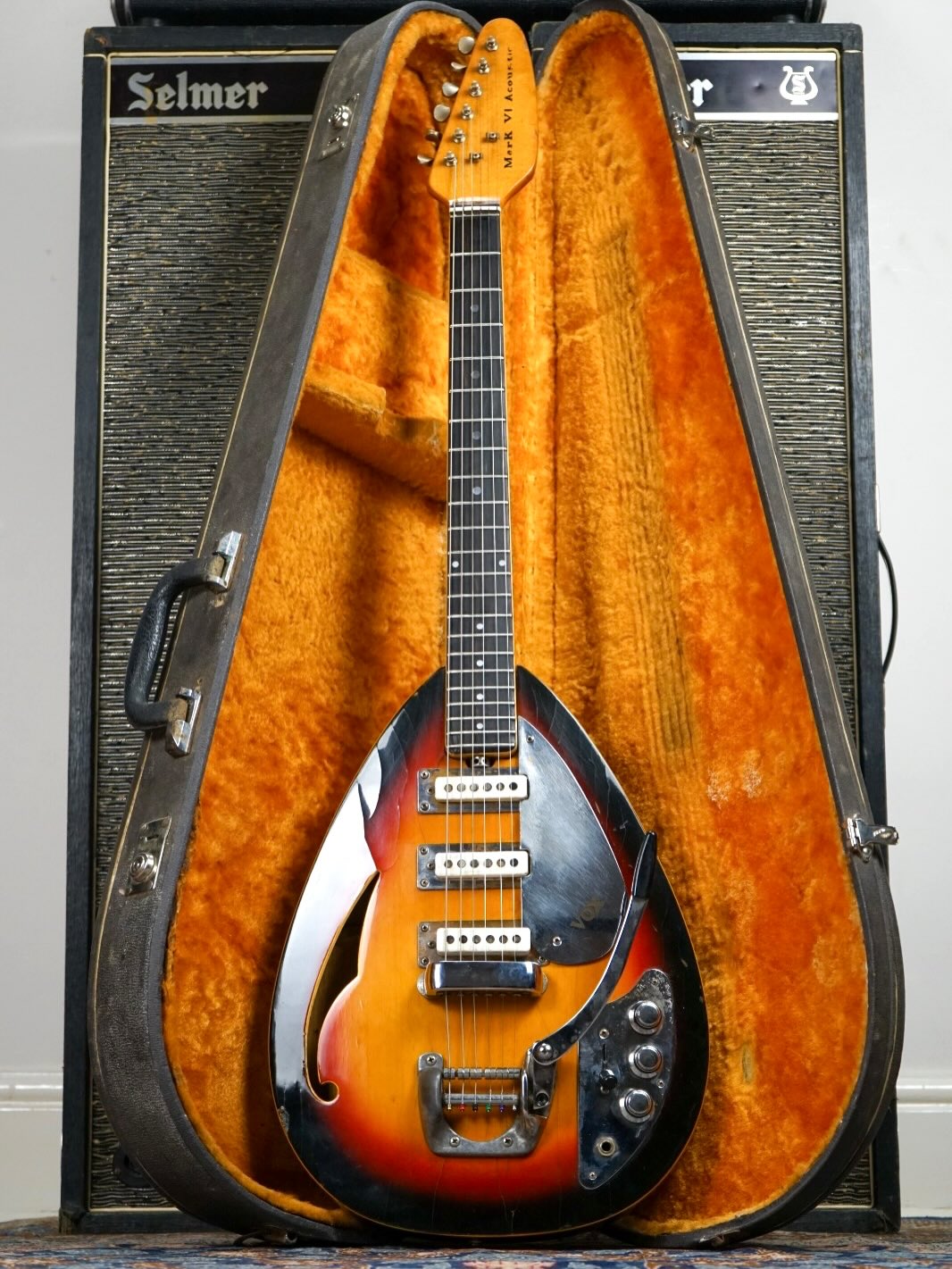 I see a red door…
Behold, in all its glory - an original Vox Mark VI ‘Acoustic’, made in Italy circa 1967.
So named for its hollow body, as opposed to the solid model that Brian played.
All original, complete with its bridge guard, Vox case and even the original keys!
Available now!