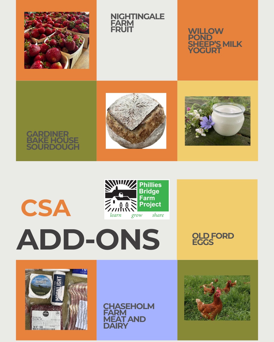 This season’s CSA add-on lineup is one heck of a collection of local products from local families! How lucky are we to have fruit, eggs, meat, dairy, yogurt, and bread all available right here at the farm for you to pick up along with your vegetables? New this season, we’re partnering with Carrie and Brent at Willow Pond Sheep Farm to offer Sheep’s Milk Yogurt. Returning this season, we have fruit from Dan at Nightingale Farm, Eggs from Becky and Joe at Old Ford Farm, Sourdough from Rochelle at Gardiner Bakehouse, and Meat and Dairy from Sarah and family at Chaseholm Farm. Visit the link in bio for more info! From our family to yours 🤎