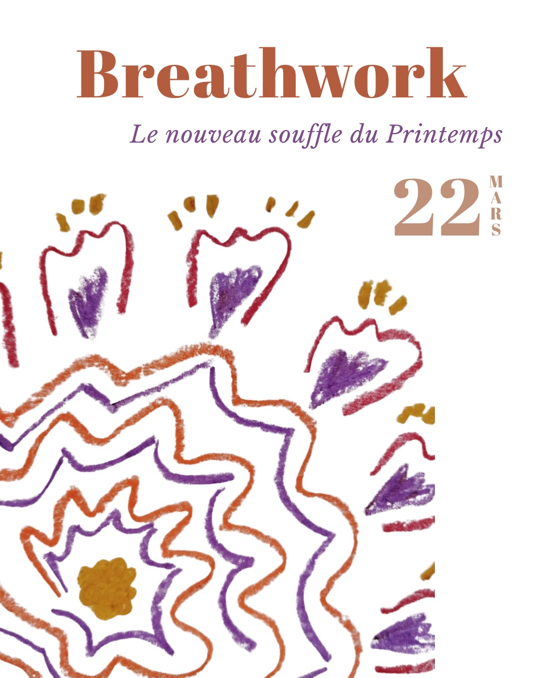 Dimanche 22 mars, je t'invite à célébrer ensemble l'arrivée d'un nouveau souffle, d'une nouvelle saison.
Le Breathwork est pour moi la pratique qui nous rappelle que tout est succession de cycles.
Inspirer, expirer.
Une succession de vagues, d'émotions, de sensations qui viennent nous cueillir pour nous emmener vers d'autres rivages.
Je n'ai plus envie de lister les bénéfices du breathwork sur le système nerveux, les traumas… etc.
Je sais juste qu'à chaque fois, on retrouve un petit bout de soi au creux de son souffle, et que cela ouvre le cœur à plus grand.
Dimanche 22 mars de 17h30 à 19h30
Biarritz, @_studio_b.a
Un voyage intime pour accueillir un nouveau printemps dans nos vies.
Suivi d'un temps d'intégration par l'écriture et les couleurs.
Tarif : 40€ / personne
Offre Duo : 30€ / personne
Inscription obligatoire
Contre-indications à la pratique, me contacter
