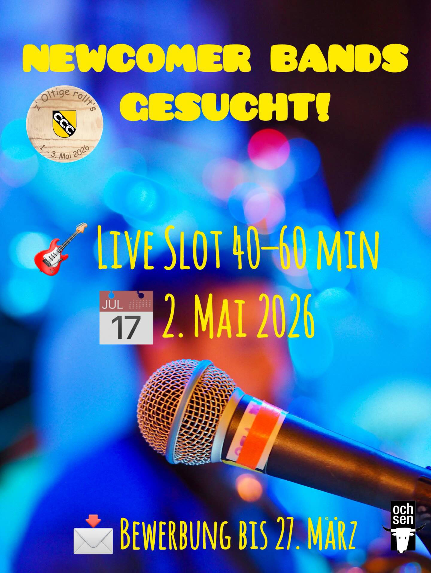 🎸 NEWCOMER-BANDS GESUCHT
Du hast eine Band und willst endlich live spielen?
Dann haben wir eine Bühne für euch.
Am Oltiger Dorffest (2. Mai 2026) bekommen Newcomer-Bands 40–60 Minuten Spielzeit auf einer Bühne im Dorf.
Viele Besucher:innen werden erwartet –
das Publikum ist also schon da. Jetzt fehlt nur noch ihr.
Bewerbung bis 27. März 2026
Schickt uns:
• Bandname
• kurze Beschreibung eurer Musik
• Anzahl Mitglieder
• Link zu Hörprobe / Demo
• Technical Rider (falls vorhanden)
📩 foerderverein@ochsenoltingen.ch
Verpflegung & Gratiseintritt fürs Fest inklusive.
#newcomerband
#livemusik
#dorffest
#oltingen
#baselland