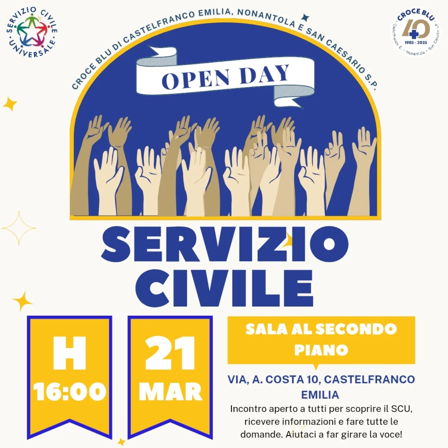 Hai sentito parlare di Servizio Civile ma non sai da dove iniziare? Hai mille dubbi o semplicemente vuoi capire se fa per te? 🤔
Vieni a trovarci Sabato 21 Marzo alle ore 16.00 nella nostra sede a Castelfranco Emilia per il nostro Open Day! 🚑
Sarà presente con noi Chiara Cardone, una nostra ex volontaria del Servizio Civile. Ci racconterà com’è stato il suo primo servizio, cosa ha imparato davvero e perché questa esperienza le è rimasta nel cuore 💙
Non restare con il dubbio, vieni a scoprire come puoi fare la differenza! 🚑
Ps. Conosci qualcuno che ha tra i 18 e 28 anni e che sta cercando la sua strada o vuole mettersi in gioco? Taggalo nei commenti o condividi questo post nelle tue Stories! Il passaparola è la nostra forza più grande. 💙
#serviziocivileuniversale #anpas #croceblucastelfranco #croceblunonantola #gruppogiovanicroceblucfe