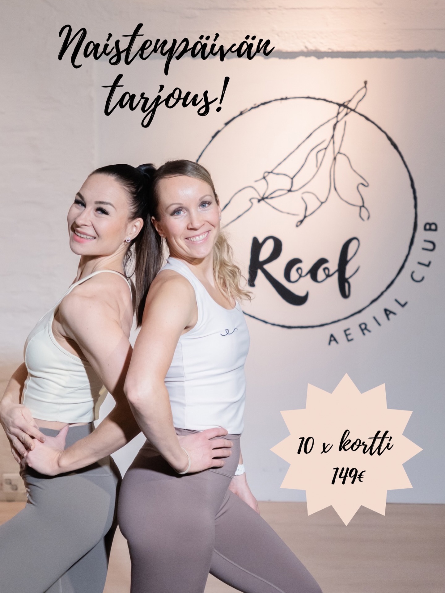 Naistenpäivän tarjous! 😍
8.3. vietetään kansainvälistä naistenpäivää ja sen kunniaksi saat viikonlopun ajan 10 kerran kortin hintaan 149€! Kortti voimassa 4kk ostopäivästä.🌸
Osta appin kautta tai studiolla.
(Myynnissä pe 6.3.-su 8.3.)
📸: @takayamaproductions
#naistenpäivä #tarjous #liikunta #hyvinvointi #roofaerialclub