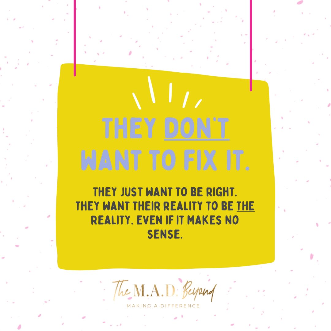 Understanding and accepting this changes the game.
.
It gives you the space to see the interactions and dynamics for what they are. Be intentional about how you show up in those relationships. Make choice aligned with caring for and protecting yourself rather than resolving conflict and making change.
.
Easier said than done, but worth it in the end.
.
.
WANNA STAY M.A.D.?!👇
💻 ECOURSES: Get tools to help you heal from narcissistic family dynamics, lead with insight & level up your self-care (LINK IN BIO).
.
👚MERCH: Mugs, apparel (sizes S-3XL), & more (LINK IN BIO).
.
🗞 NEWSLETTER: Don’t miss the newsletter when it drops! Sign up for the The M.A.D. Beyond newsletter today to stay M.A.D. (LINK IN BIO).
.
🛋 THERAPY: @themadtherapy IA/IL/FL
.
🧠 Social media is not therapy. All posts on The M.A.D. Beyond’s social media accounts are for educational purposes only and are not a replacement or substitution for mental health services. Read the disclaimer to at TheMADBeyond.com to learn more.
.
.
#themadbeyond #themadtherapist #emotionalabuse #narcissim #healthyrelationship