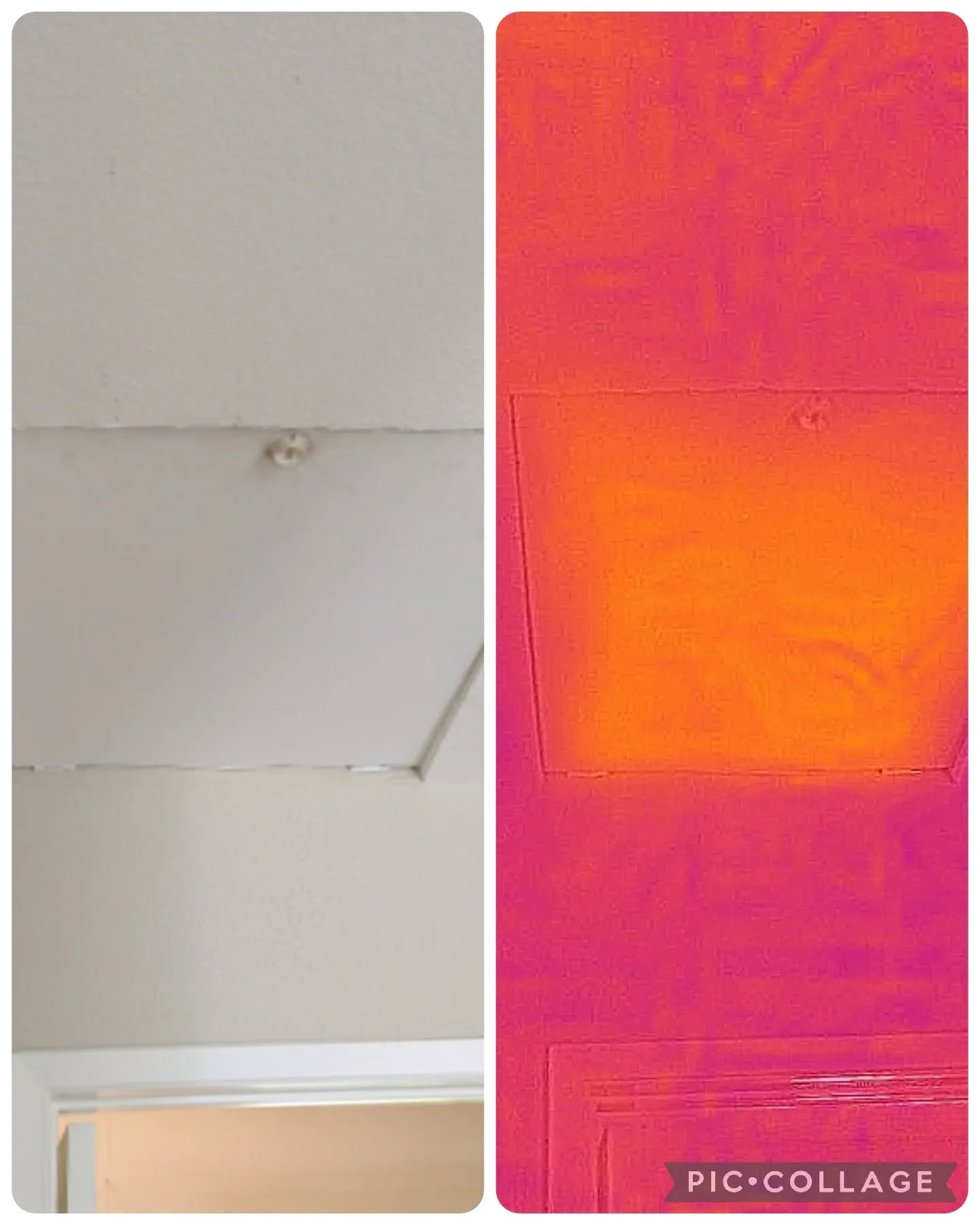 It's time for the defect of the day! Woot!!
Insulation.... Something most of us take for granted. It's an efficiency killer, so I'm always on the lookout for instances of missing insulation. Here, we have missing insulation at an attic hatch (very common). Thermal imaging shows the temperature contrast nicely.
Fortunately, fixing something like this is a relatively easy DIY project. You can buy insulation foam board ("polyiso" insulation) at home improvement stores. Stack 4 or 5 layers of this, cut slightly undersized to the hatch board on top of the hatch board. Glue them together with some spray adhesive. Add some adhesive weather stripping around the hatch hole, and you've got yourself a properly insulated hatch.
I hope you enjoyed this thermal imaging enhanced version of defect of the day along with a helpful tip. If you did, please share!