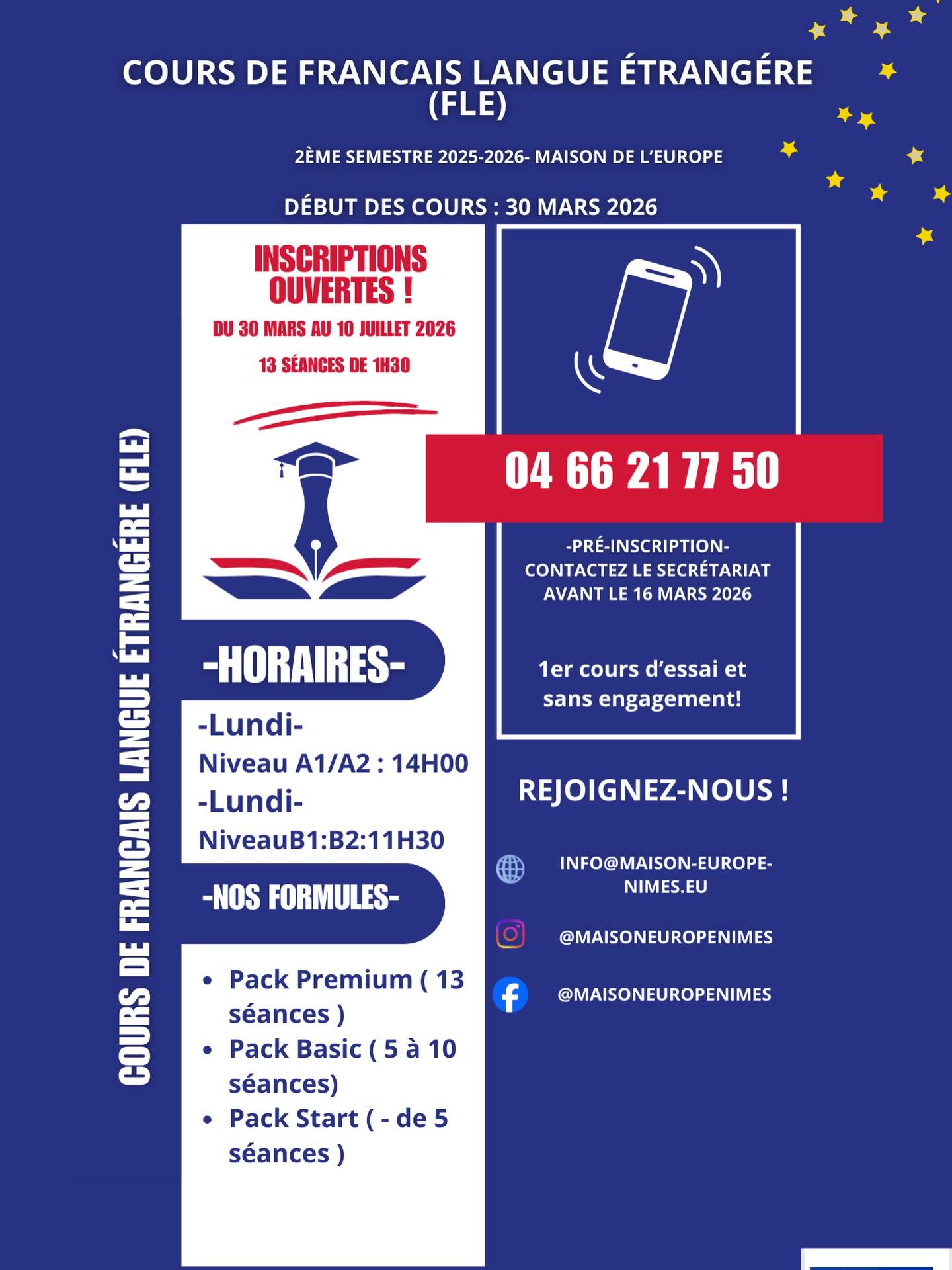 Envie d’améliorer votre français ?
Rejoignez nos cours de FLE à la Maison de l’Europe à Nîmes !
✨ Premier cours d’essai sans engagement.
Want to improve your French?
Join our FLE classes at the Maison de l’Europe in Nîmes!
✨ First trial lesson with no obligation.
¿Quieres mejorar tu francés?
¡Únete a nuestros cursos de FLE en la Maison de l’Europe en Nîmes!
✨ Primera clase de prueba sin compromiso. #MaisonEuropeNimes
#MaisonDeLEurope
#fle