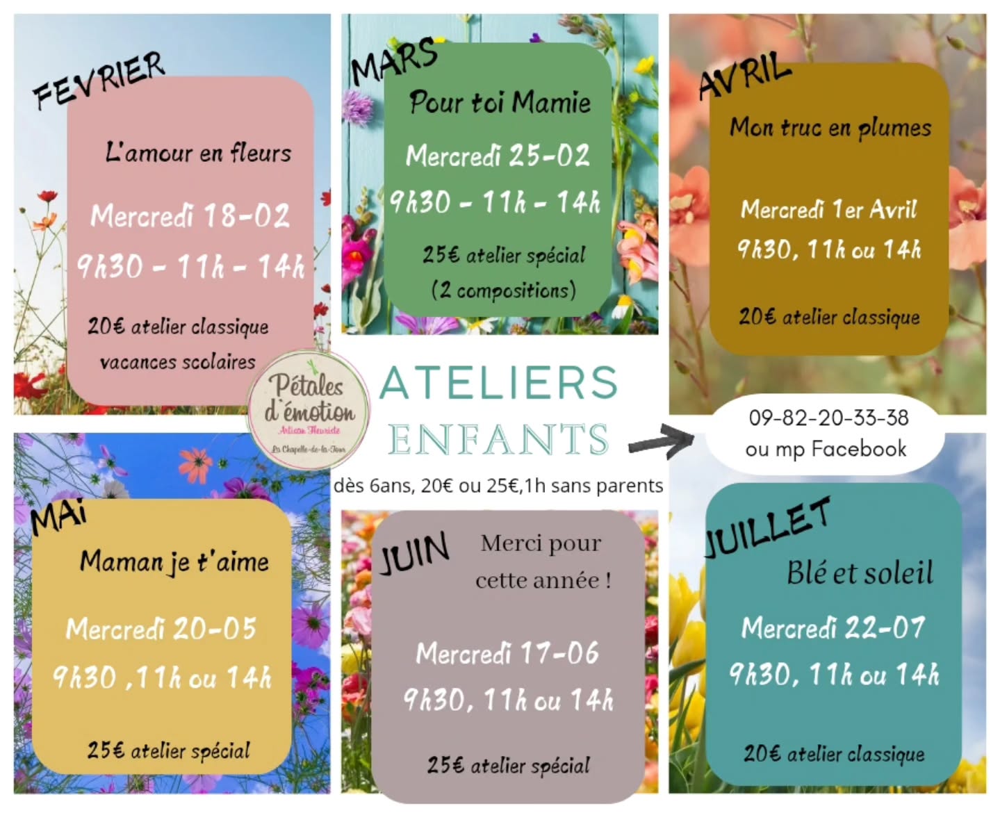 Point ateliers enfants et adultes 🍀
Vous êtes nombreux à m'avoir dit qu'il était compliqué de retrouver le planning vu le nombre de publications 😅 donc les voici et je vais les épingler pour que ce soit plus simple
Je vous mets les 2 prochains avec les dispos restantes et je mettrai à jour régulièrement :
ENFANTS :
🐣Avril, mon truc en plumes 20€
Mercredi 1er avril
3 places à 9h30
2 places à 11h
6 places à 14h
🌷Mai, bonne fête maman 25€
Mercredi 20 mai
6 places à 9h30
6 places à 11h
1 place à 14h
ADULTES
🍀Avril ma poule fleurie 38€
Lundi 27-04 complet
Vendredi 10-04 19h reste 6 places
Vendredi 24-04 19h reste 5 places
🪻Mai, caisse ratatouille fleurie 40€ (plantation)
Lundi 4-05 complet
Vendredi 15-05 reste 9 places
Vendredi 22-05 reste 4 places
Vous pouvez me contacter en mp a tout moment où par téléphone au magasin 09-82-20-33-38
Possibilité de faire un bon cadeau non daté valable 1an
Inscription à l'avance obligatoire
Paiement demandé 15jours avant l'atelier pour les adultes
Le jour même pour les enfants
💐💐💐💐💐💐💐💐💐💐💐💐💐
Au plaisir de passer un beau moment ensemble !