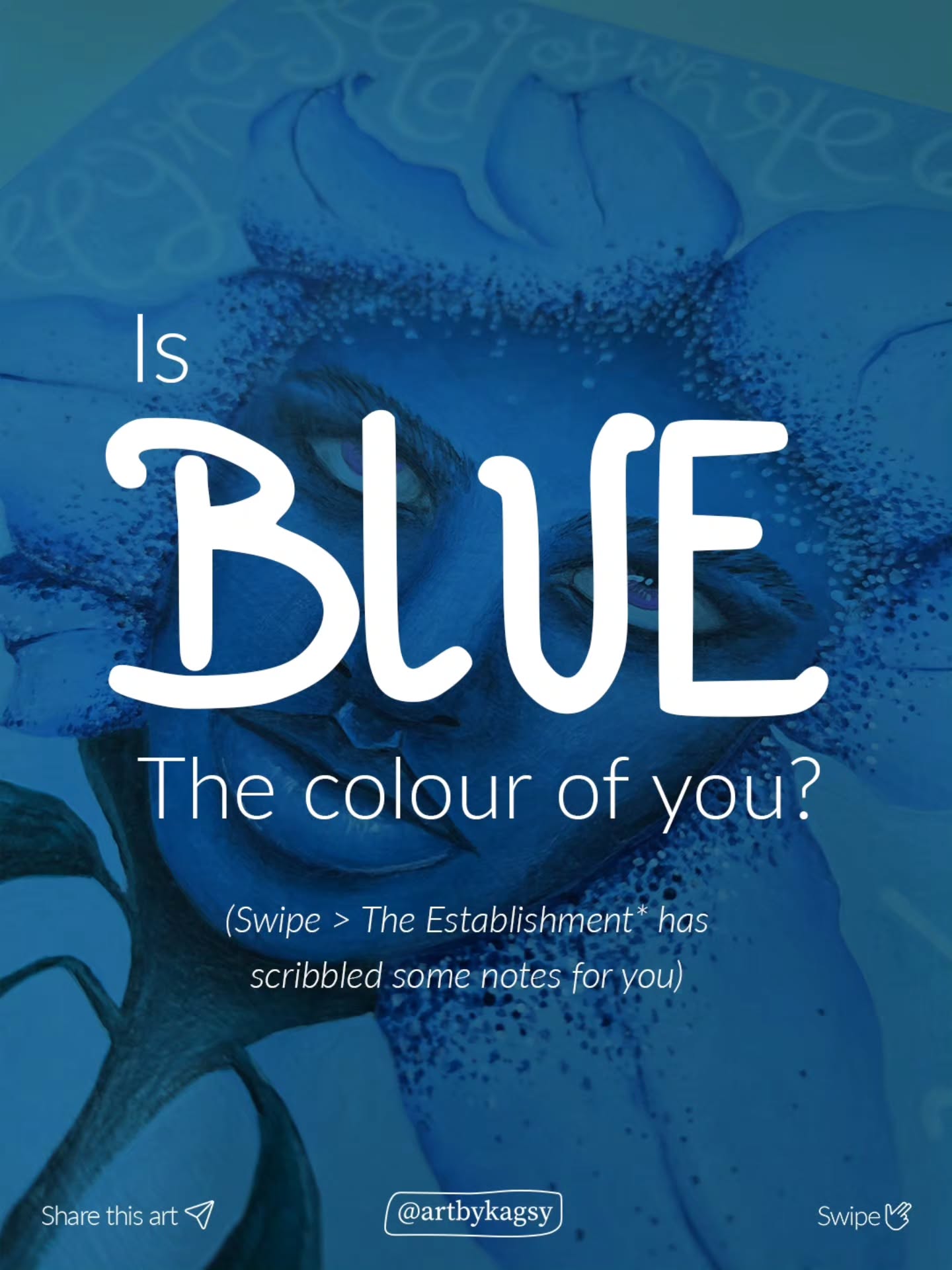 Is blue the colour of you?
Then you already know who you are: sassy, strong and you know how to belong.💙
That's what this account is about, art with attitude.
Follow if this is your world, I love to connect. 💙
*The Establishment: a personfication of the subconscious, and is where all my archetypical characters live and thrive.
Love and Light, Kagsy x
#InnerArchitect #ColourPsychology #SurrealArt #ArtEmbodied #ArtByKagsy