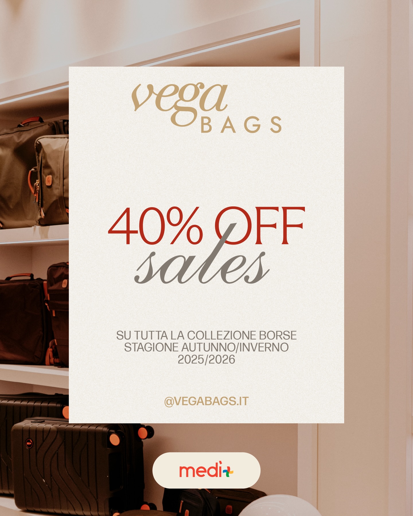 Non aspettare! Da Vega Bags è partito il 40% OFF su tutta la collezione. Corri al Centro Commerciale Medì e rinnova il tuo stile! 🛍️
#saldi #borse #vegabags