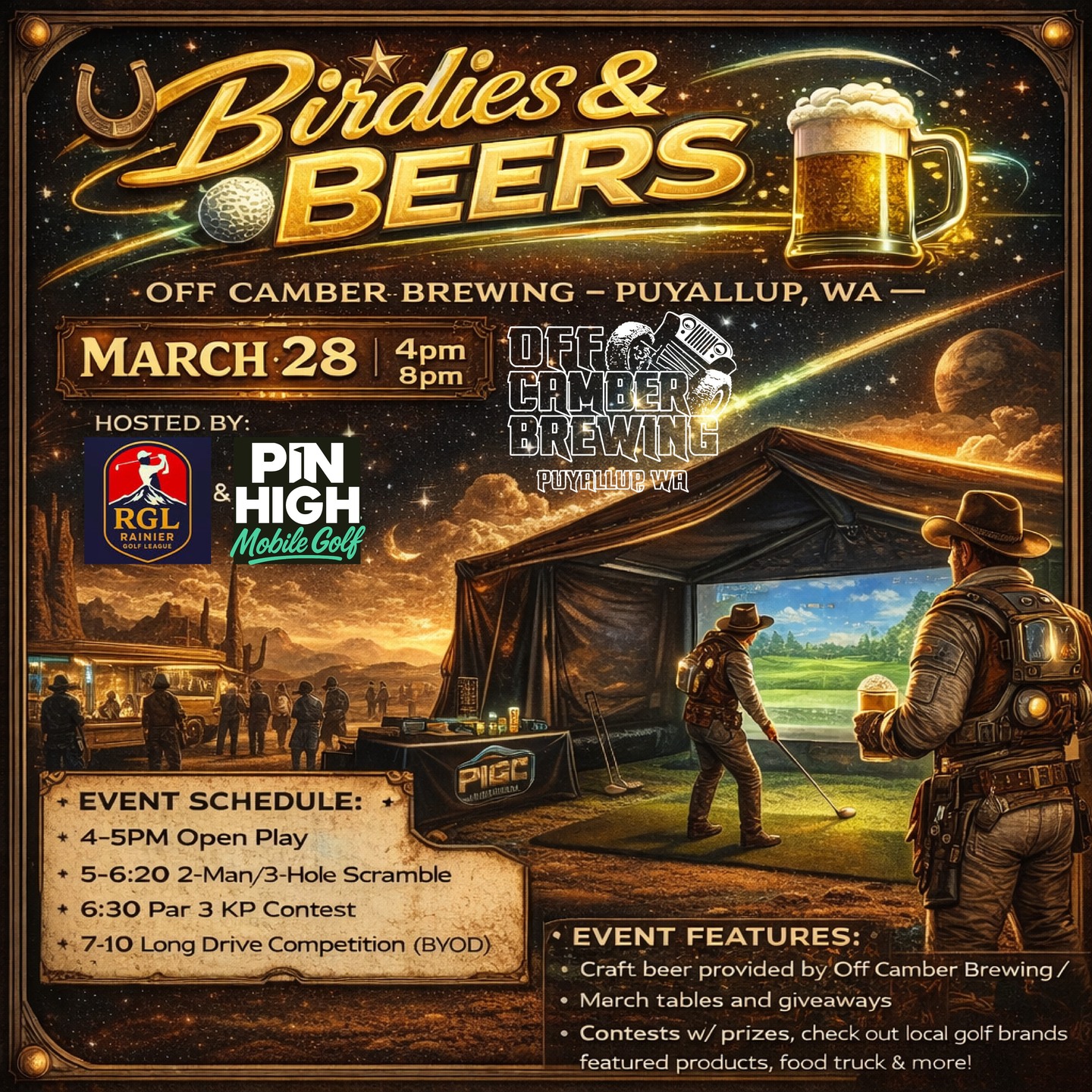 Birdies & Beers is coming to Off Camber Brewery! @off_camber_brewing 🔥
Join Rainier Golf League + Pin High Golf NW on March 28, 4–8PM for open play, contests, prizes, and a killer food truck @straightouttaphillyphillies 🍻Cold beer, good swings, big energy — don’t miss it.
🏌⛳💯
Hosted by @rainiergolfleague & @pinhighgolfnw