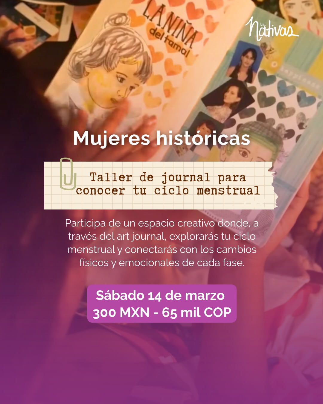 Descubre un espacio creativo para explorar tu ciclo menstrual a través del art journal. En este taller teórico-práctico reflexionaremos sobre los arquetipos de mujeres en las historias universales, el ciclo lunar menstrual y cómo estos influyen en nuestros procesos emocionales y creativos. A través del collage, la pintura y el dibujo con técnicas mixtas, iniciarás un proceso de autoconocimiento mientras desarrollas tu propio diario creativo.
📅 Sábado 14 de marzo
⏰ México 2:00 pm | Colombia 3:00 pm
🕒 Duración: 3 horas
Un espacio para crear, conectar con tu sabiduría femenina y abrir nuevas posibilidades de expresión artística. No necesitas experiencia previa, solo ganas de explorar y crear.
#ArtJournal #CicloMenstrual #SabiduríaFemenina #CreatividadConsciente