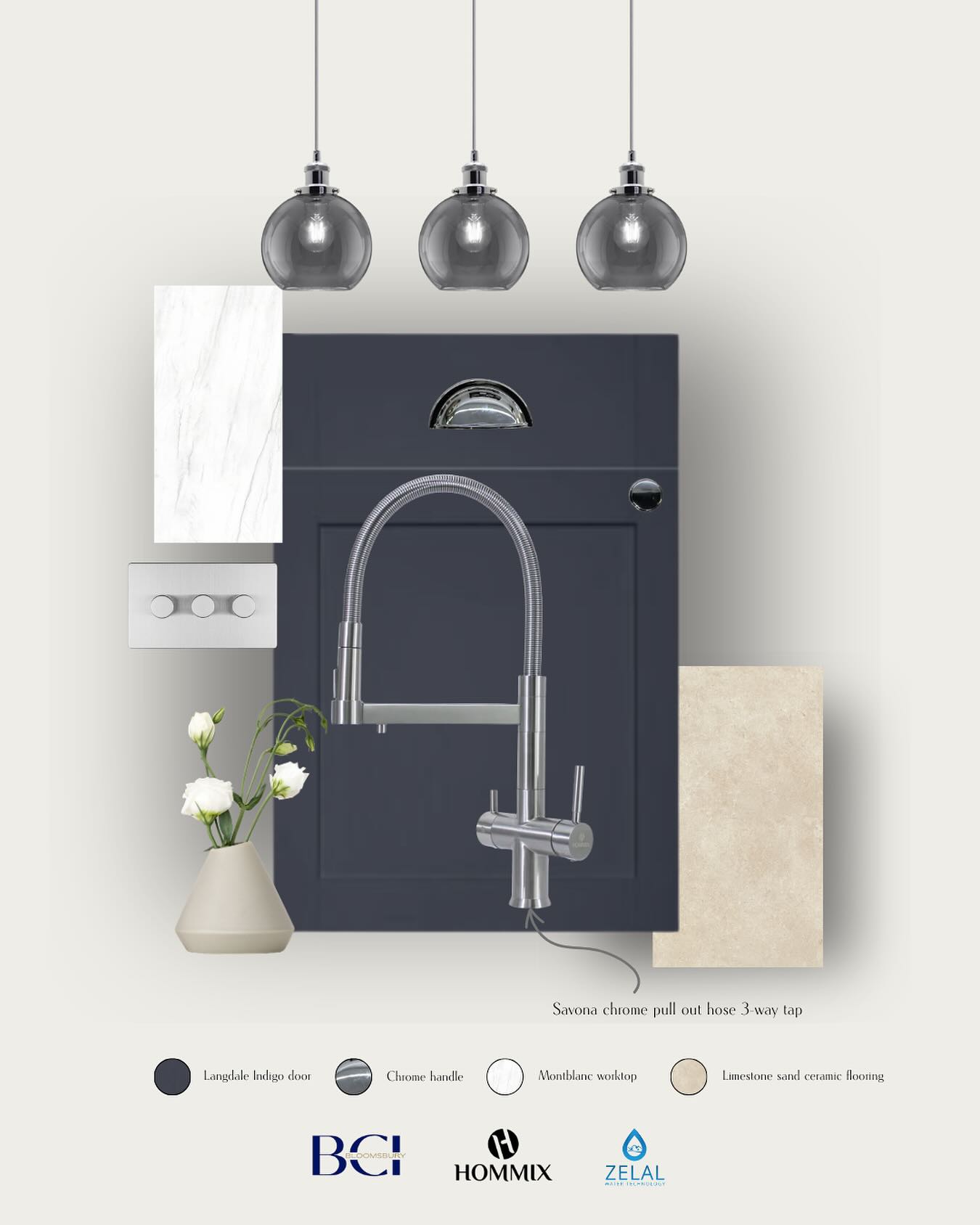 Texture, tone and timeless character ✨
This kitchen design pairs the rich depth of the Langdale Indigo door with the crisp elegance of a Montblanc worktop and soft limestone-toned flooring. The contrast between deep colour, natural stone textures and polished chrome creates a space full of balance and personality.
Finished with the Savona chrome pull-out 3-way tap by Hommix, the design blends practicality with refined detail — proving that great kitchens are built through layers of texture, material and character. #KitchenDesign #LuxuryKitchen #KitchenInspo #KitchenInspiration #InteriorDesign #InteriorInspo #ModernKitchen #KitchenDetails #KitchenStyling #HomeInteriors #InteriorStyling #KitchenGoals #DesignInspiration #BespokeKitchen #PremiumInteriors #BloomsburyCourtInteriors #Hommix #TapDesign #KitchenTap #ContemporaryKitchen #TextureInDesign #MaterialPalette #NeutralInteriors #IndigoKitchen #stoneworktops
