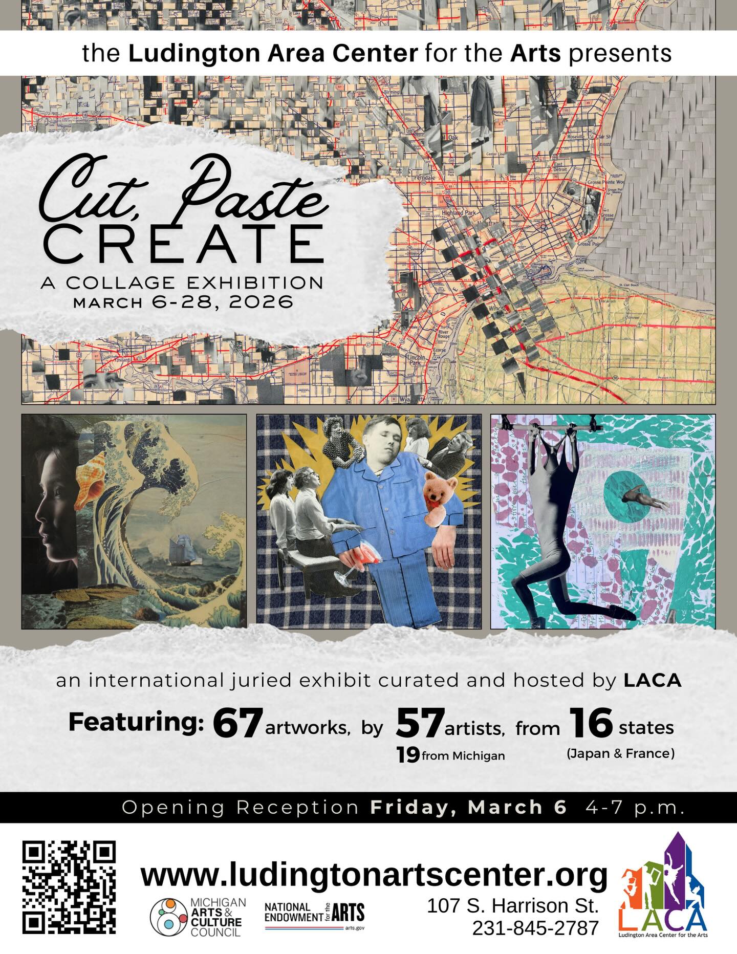 Cut, Paste, Create: A Coll�age Exhibition opens tonight! I’m honored to have two pieces in this juried exhibition.
From the press release: The Ludington Area Center for the Arts (LACA) continues to bring the world to Ludington with its newest exhibition, “Cut, Paste, Create: A Collage Exhibition,” on display in the art center’s main gallery March 6–28, 2026.
Curated by Barb Forgue, “Cut, Paste, Create” is an international exhibition featuring 57 artists selected from 16 states as well as Tokyo, Japan and Paris, France. The show represents both traditional and innovative approaches to the art of collage, highlighting the depth and diversity of this dynamic medium.
#collageart #collageexhibition #jengatz
