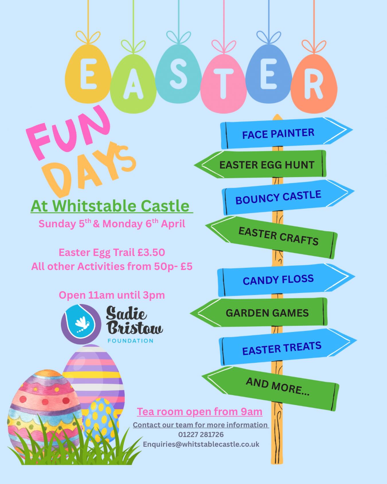 🌸🐣 EASTER FUN DAYS AT Whitstable Castle! 🐣🌸
Join us for a wonderful family Easter celebration at Whitstable Castle on Sunday 5th & Monday 6th April from 11am – 3pm for a day packed full of fun for all ages!
Follow the Easter Egg Trail, enjoy face painting, bouncy castle fun, Easter crafts, garden games and lots more surprises along the way. It’s the perfect way to spend a spring day with the family in the castle grounds. 🌼
We’re also incredibly grateful to our event sponsor, the amazing Sadie Bristow Foundation, who will be providing free-from Easter chocolate for the egg trail — generously donated by Tesco. This helps ensure that even more children can enjoy the fun safely. 💛
✨ Easter Egg Trail: £3.50✨ Other activities: from 50p – £5☕ Tea Room open from 9am
Bring the family, enjoy the gardens, and celebrate Easter with us! No need to book!
📍 Whitstable Castle📞 01227 281726📧 enquiries@whitstablecastle.co.uk
#WhitstableCastle #EasterFun #FamilyDayOut #WhitstableEvents #EasterTrail