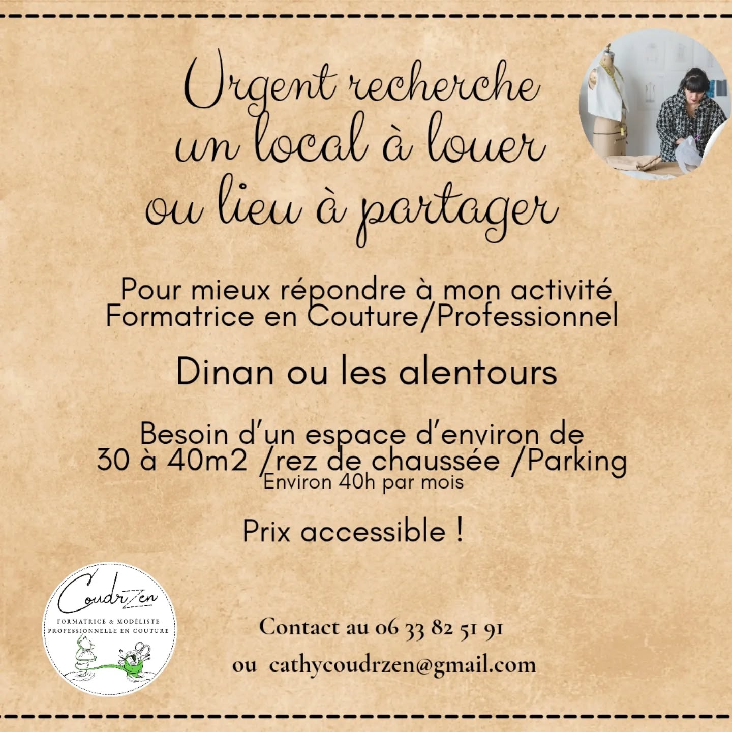 Merci de partager ou d'en parler uniquement sur territoire de Dinan et les alentours. Contactez moi pour plus de renseignements au 06 33 82 51 91 ou cathycoudrzen@gmail.com
Merci pour votre aide. Cathy