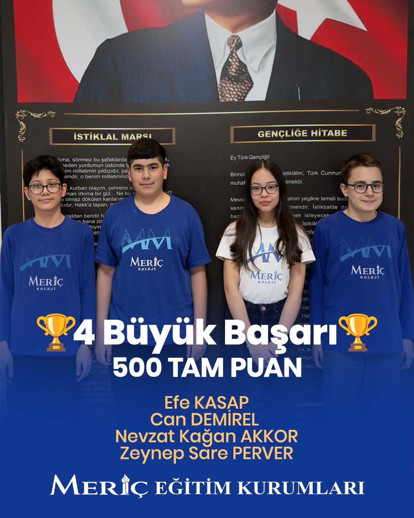 Kırklareli Meriç Koleji’nde Büyük Başarı🏆🏆🏆🏆
Aynı sınavda 4 öğrencimiz 500 tam puan almıştır.
Efe KASAP🧿
Can DEMİREL 🧿
Nevzat Kağan AKKOR🧿
Zeynep Sare PERVER🧿
Kıymetli ailelerimiz,değerli öğretmenlerimize ve okul idarecilerimize teşekkür eder,öğrencilerimizin başarılarının devamını dileriz.
Geleceğin İçin Geleceğin Yer Meriç Koleji💙🤍