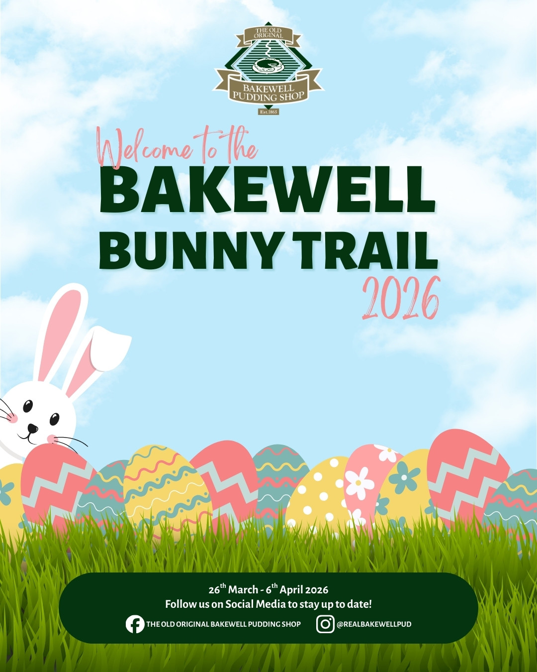🐰 Welcome Back Easter Bunny! 🐰
Our Bakewell Bunny Trail is BACK for the second year in a row! Join us for a fun, family-friendly scavenger hunt that will take you on an Easter adventure around beautiful Bakewell.
🌸 What is it?
A fun-filled scavenger hunt leading families around town in search of the Easter Bunny! Hidden letters are tucked inside Easter egg posters displayed in the windows of 24 participating shops.
Spot the letters, write them down, and solve the riddle!
Once you’ve cracked the code, hop back to The Old Original Bakewell Pudding Shop to claim your FREE bunny-shaped gingerbread biscuit, freshly baked by the Bakewell bakery! 🍪
🐇 How can I participate?
Simply head to The Old Original Bakewell Pudding Shop or The Wheatsheaf, Bakewell anytime between 26th March – 6th April 2026 to collect your trail map or you can also download the map for free from our website https://www.bakewellpuddingshop.co.uk/bakewell-bunny-trail
📍 Where?
The trail takes you on a short loop around the centre of Bakewell. Without stopping, it takes around 35–45 minutes to complete. Along the way, you’ll discover many of Bakewell’s much-loved local businesses!
Bring your little bunnies and join the Easter fun! 🌼
*Please note you can collect your reward from any of the four counters located inside the pudding shop*
#visitpeakdistrict #peakdistrict #vpdd #uniquedistrict #derbyshirefoodanddrink #supportlocal #food #foodie #marketingderby #eastmids #derbyshire #inspiredbythepeakdistrict #freshfood #thegoodfoodguide #whatsonderbyshire #derbyshireevents #chesterfieldevents #travelgram #derbyshirelifestyle #visitderbyshire #bakewell #southyorks #mixology #foodstagram #foodphotography #drinkstagram #eatdrinkexplorepdd #thefoodanddrinkforum #thingstodoinsheffield
