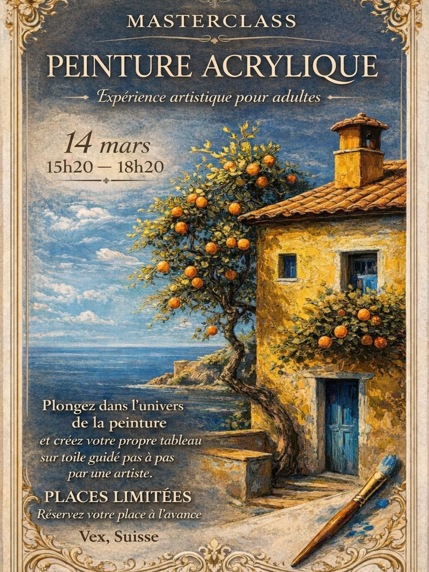 🎨 PLONGEZ DANS L’UNIVERS DE LA PEINTURE
Atelier créatif de peinture acrylique sur toile pour adultes
✨ Libérez votre créativité !
Même si vous n’avez jamais tenu un pinceau, ce moment est pour vous. Découvrez la joie de créer votre propre œuvre unique.
🗓 14 mars | 15h20 – 18h20
📍 Vex, Suisse @ceramique_vex
Pourquoi venir ?
Accompagnement personnalisé : l’animatrice vous guide à chaque étape, pour révéler votre style et votre confiance dans la peinture.
Créativité libre : choisissez vos couleurs, vos détails, créez un tableau qui vous ressemble.
Matériel inclus : toile, pinceaux, peintures acryliques — tout est prêt pour créer.
💫 Bonus : repartez avec votre propre tableau, créé de vos mains.
⚡ Places limitées !
Réservez dès maintenant et assurez votre participation à cette expérience unique.
📩 Pour toutes questions : @brend.mira