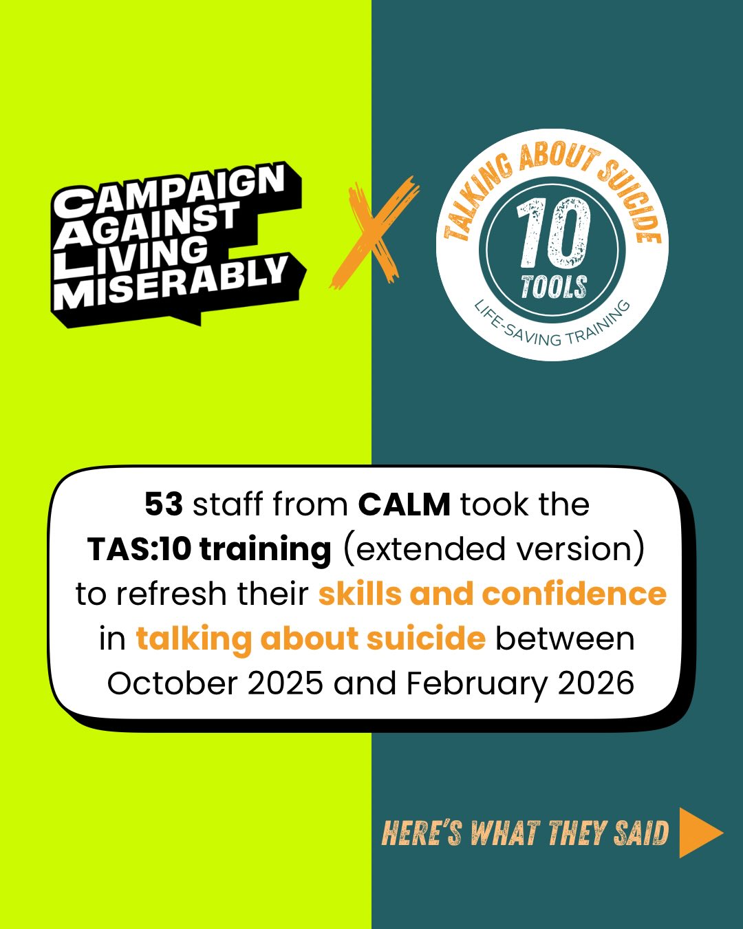 So proud to have delivered our training - Talking about Suicide: 10 Tools (TAS:10) - to 53 people from the @calmzone HQ
And to have received feedback like this! 🙌🏼
TAS:10 was created by @annfeloy of @ollys.future in memory of her son, and Rose Rowkins @start_the_conv
Anyone can learn to talk about suicide, and have pro-active, preventative life-saving conversations.
Do you need #suicideprevention training for YOUR team?
Let’s talk.
To try-before-you-buy, join one of our open sessions http://talkingaboutsuicide.eventbrite.com
Next dates
🗓️ Monday 16 March 12:30pm-2pm
🗓️ Thursday 14 May 10am-11:30am
Suicide is everyone’s business.