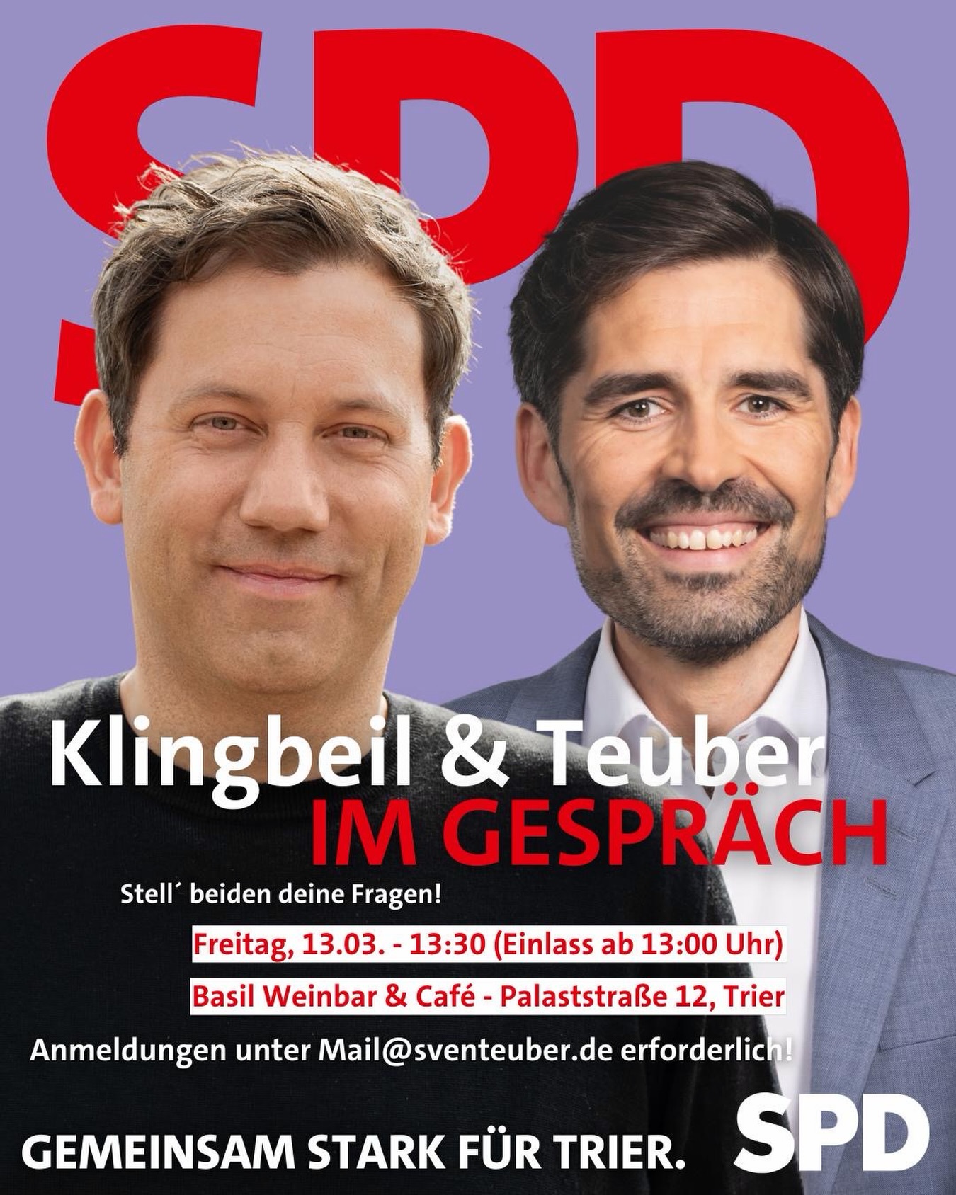Der Vizekanzler kommt zu Dir und mir nach Trier.
Herzliche Einladung zu „Klingbeil und Teuber im Gespräch“.
Am 13. März ab 13 Uhr im Basil. Anmeldung erforderlich!
Wir sehen uns.
#larsklingbeil #sventeuber #politik #trier #ausliebezumland