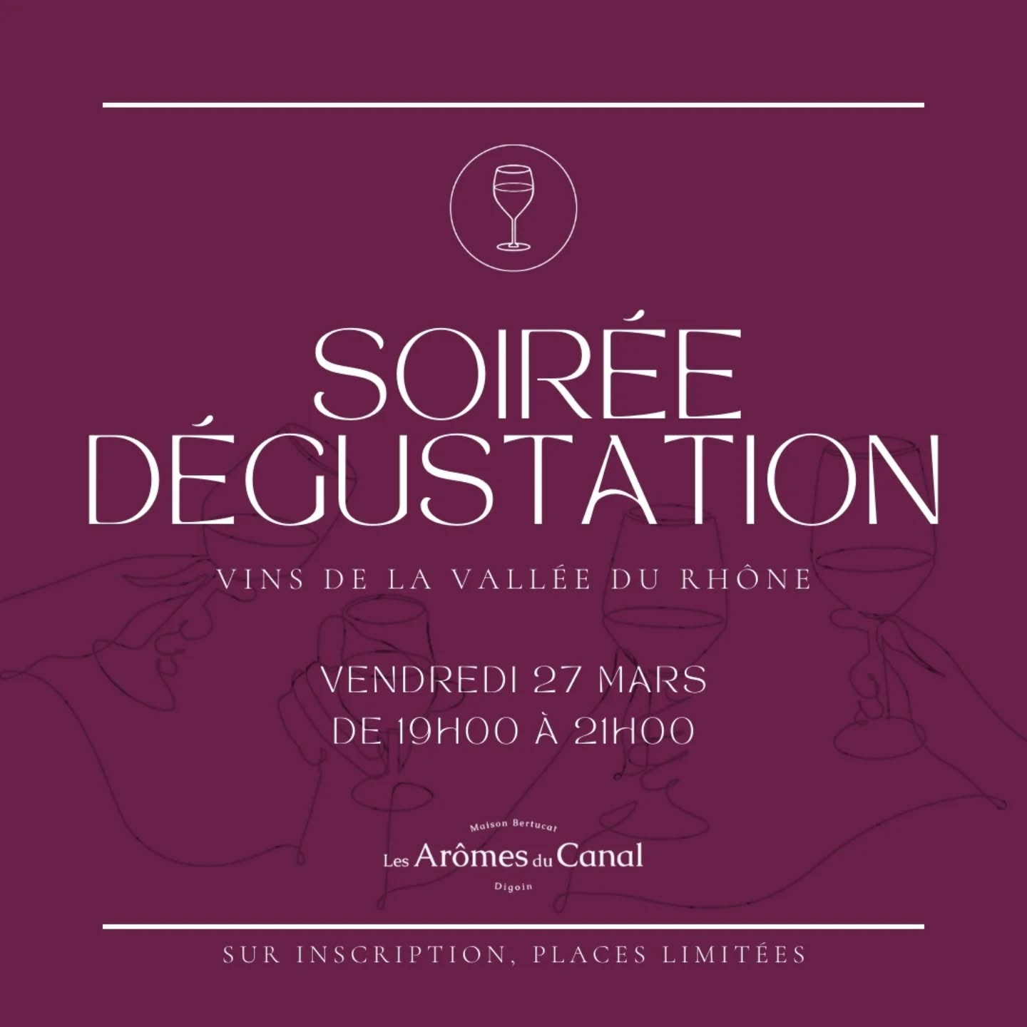 | Soirée Dégustation |
L'ouverture des inscriptions de la prochaine Soirée Dégustation est lancée ! 😄🍷 Pour cette prochaine édition, direction la Vallée-du-Rhône, ses Crus, ses cépages et sa belle diversité 🍇
Quand : le Vendredi 27 Mars, de 19h00 à 21h00
Où : au Canal Cowork, 4 Rue Basse à Digoin
Tarif : 20€
⚠️ Nombre de places limitées
Thématique : Vins de la Vallée-du-Rhône
Les inscriptions se font :
- en boutique
- par téléphone au 03 85 24 59 65
- par mail contact@lesaromesducanal.com
À l'occasion de la soirée, vous bénéficierez de 10% de remise sur les cuvées proposées à la dégustation.
N'hésitez pas si vous avez des questions 😊
#degustation #soireedegustation #valleedurhone #caviste digoin saoneetloire route71 saoneetloiretourisme