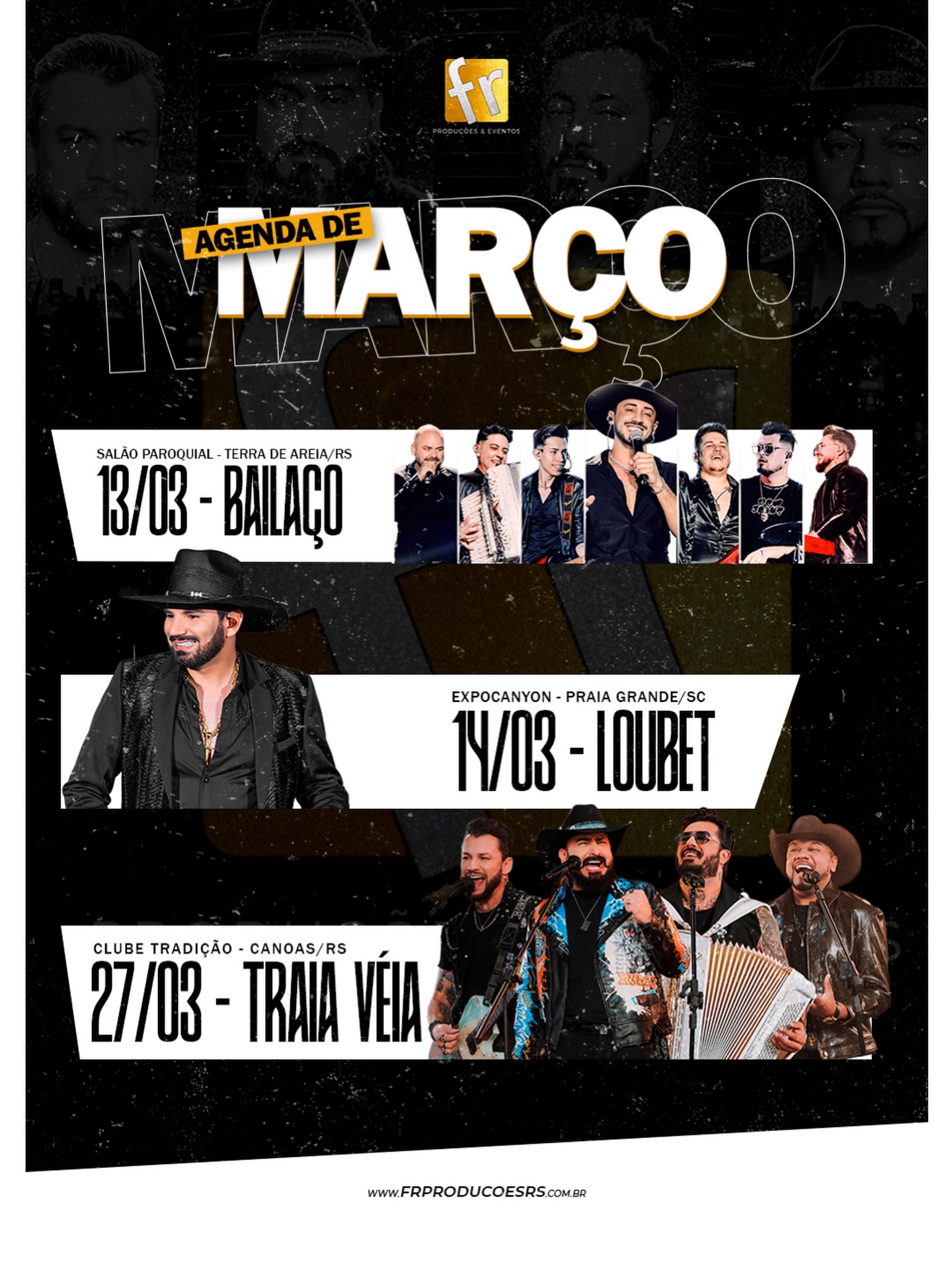 VOLTAMOS COM TUDO! ✨🔥🚀
Março chegou e a nossa temporada 2026 está aberta!
Neste mês, marcamos oficialmente o nosso retorno efetivo às produções de eventos, shows e feiras. Por isso, preparamos uma agenda pesada e queremos saber:
EM QUAL DESSES ENCONTROS A GENTE SE VÊ? 🤔
Confira os compromissos do mês e já marque aqui nos comentários qual show você não vai perder de jeito nenhum! 👇
#AgendaDeMarço #Bailaço #Loubet #TraiaVeia #Eventos2026