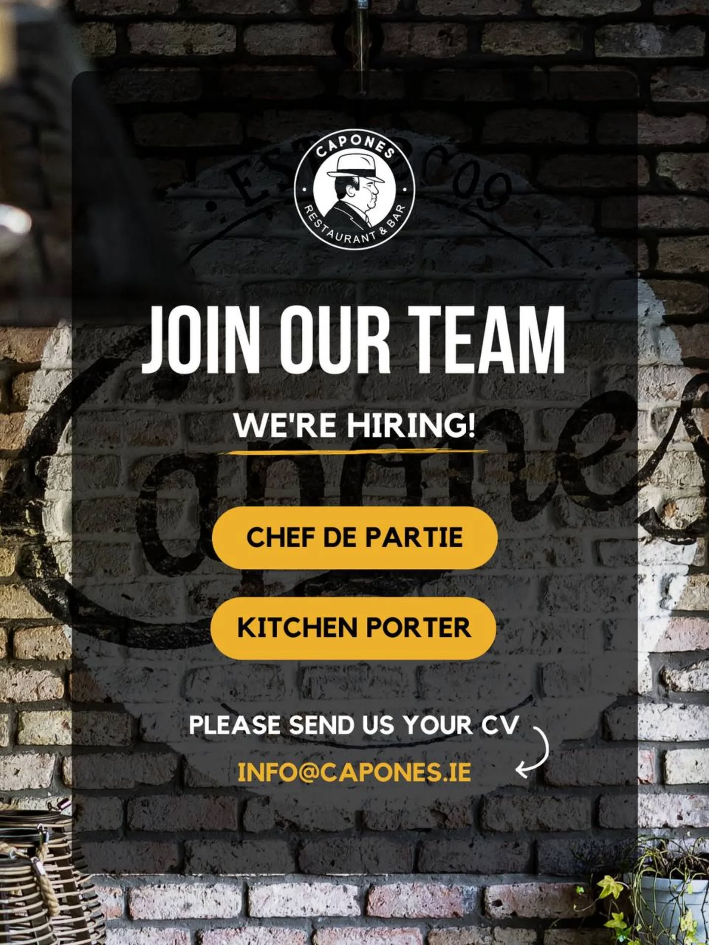 We’re hiring at Capones!
We are looking for motivated people to join our kitchen team:
👨🍳 Chef de Partie
✔ Minimum 1 year experience
✔ Passion for food
✔ Team player attitude
👨🍳 Kitchen Porter
✔ Hard-working and reliable
✔ No experience required
✔ Training provided
Both full-time and part-time positions available.
📩 Send your CV to info@capones.ie
Come be part of the Capones team!
#Galway #HiringNow #RestaurantLife #KitchenJobs