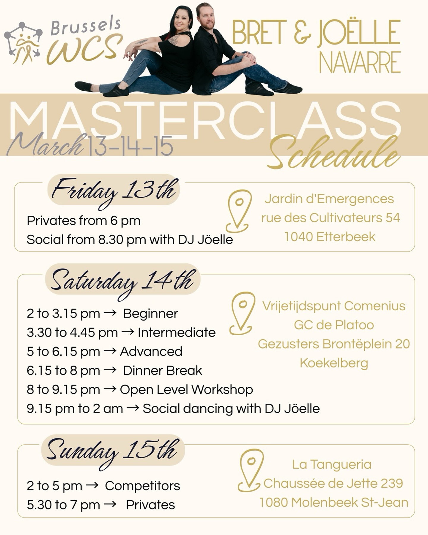 Some details for this weekends MASTERCLASS with @bretjoellewcs 💃🏽🕺
Are you ready for a weekend full of social, workshops and privates?
WE ARE!
#brussels_westcoastswing #westcoastswingbelgium