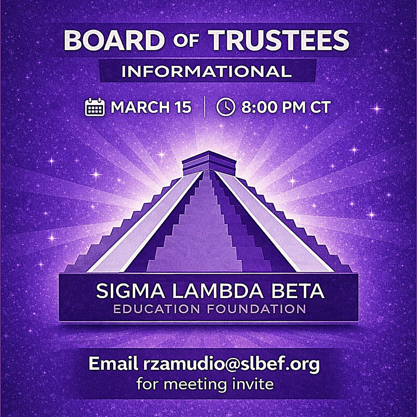 The Sigma Lambda Beta Education Foundation is inviting alumni Brothers to serve and lead through the Board of Trustees.
Join us for an informational Zoom session Sunday, March 15 at 8:00 PM CT, to learn more about the opportunity to support the Foundation’s mission 🐎
Please email rzamudio@slbef.org to receive the meeting invite. #FuelingTheLight #SLBEF #SLB1986