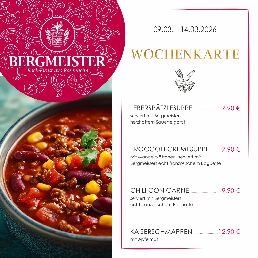 🌟🍽️ **Neue Wochenkarte im Café BERGMEISTER!** 🍽️🌟
Hey Foodies! 👋 Ab morgen haben wir wieder neue Leckereien für eure Mittagspause! Diese Woche dürft ihr euch auf **4 köstliche Gerichte** freuen, die einfach zum Genießen einladen. 😋✨
1. **Leberspätzlesuppe** – Herzhaft und perfekt für die kühlen Frühlingstage!
2. **Broccoli-Cremesuppe** – Cremig und voller Vitamine für den gesunden Genuss! 🥦
3. **Chili con Carne** – Würzig, deftig und genau das Richtige, wenn’s etwas schärfer sein darf! 🌶️
4. **Kaiserschmarren mit Apfelmus** – Süße Versuchung für den süßen Abschluss! 🍏🍰
Kommt vorbei und lasst euch verwöhnen! Eure Mittagspause wird mit diesen Schmankerln zum Highlight eures Tages. 💖👨🍳
Wir freuen uns auf euch! 🥳✨
Euer BERGMEISTER-Team
#cafébergmeister #bergmeister #Leckereien #Schmankerl #FoodieHeaven #LeckerEssen #EssenWieBeiMama #herzhaft #herzhafteküche #leberspätzlesuppe #brokkolicremesuppe #chiliconcarne #kaiserschmarren #mittagspause #lunchbreak #maxjosefsplatzrosenheim #rosenheim #pause #mittagessen #frischeküche #wochenkarte
