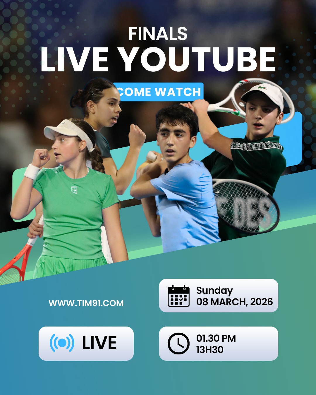 FINALES EN DIRECT 🎥✨
Les finales du TIM Essonne 2026 approchent et les matchs seront diffusés en direct sur YouTube.
Venez regarder certains des meilleurs joueurs et joueuses U14 du monde s’affronter pour le titre !
📅 Dimanche 8 mars 2026
⏰ 13h30
Ne manquez pas un seul point - rejoignez le live ici 👇
https://www.youtube.com/watch?v=sY8XVQ2m0CQ
—————————————————
FINALS LIVE 🎥✨
The TIM Essonne 2026 Finals are coming up and the action will be streamed live on YouTube.
Watch some of the best U14 players in the world battle for the title !
📅 Sunday, March 8, 2026
⏰ 1.30 PM
Don’t miss a single point - join us live here 👇
https://www.youtube.com/watch?v=sY8XVQ2m0CQ
#TIMEssonne #TennisEurope #JuniorTour #NextGenTennis #LiveTennis
@tenniseuropejuniortour @fftennis @ligueidf_tennis @villesgdb91 @cdessonne