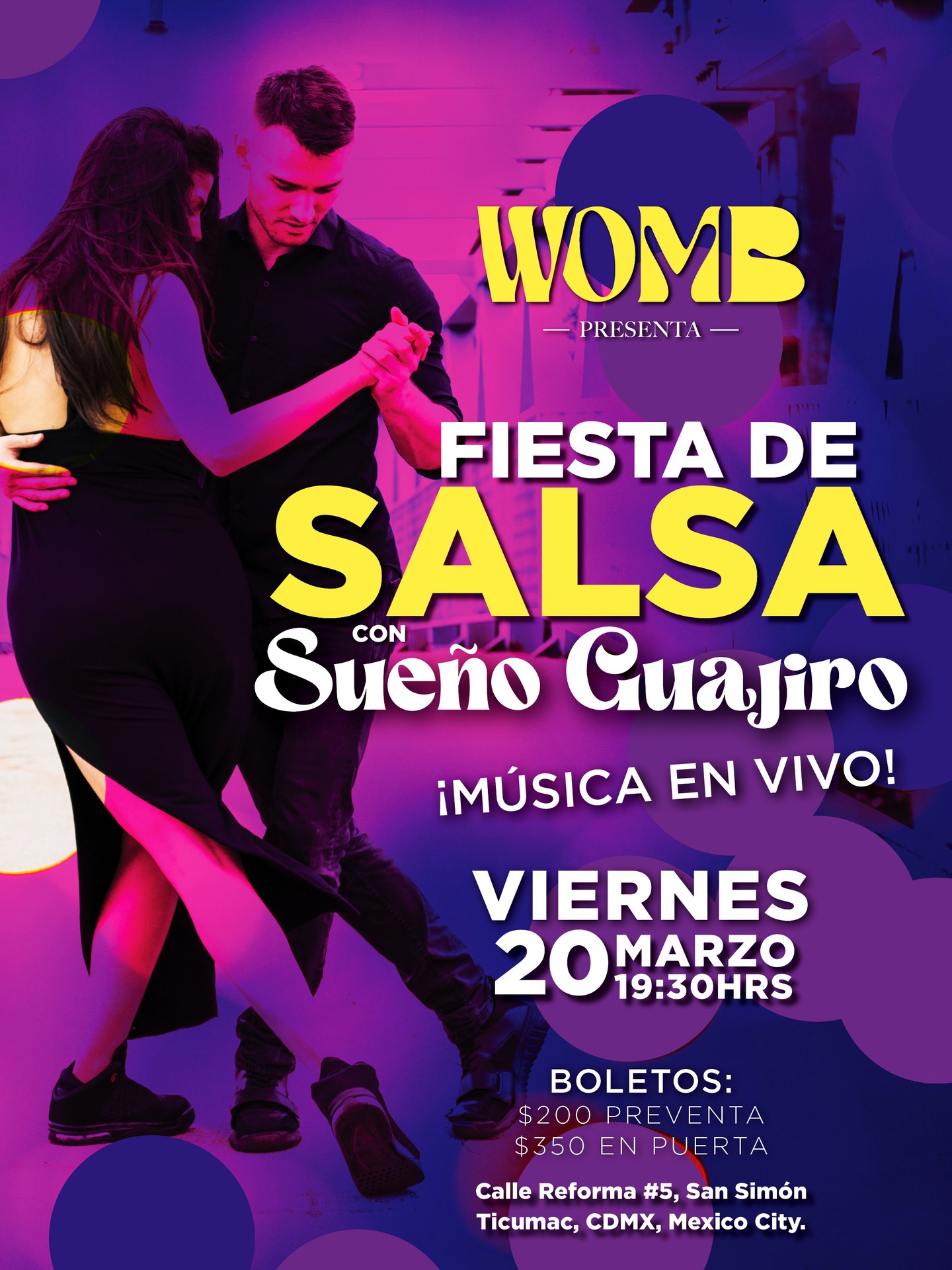 💜 ¡¡Fiesta de Salsa!! 💜🔥💃 Música en vivo con Sueño Guajiro 💜🎼💃 @mickeyguajiro
🗓 Viernes 20 de marzo
🕖 Puertas 19:30hrs / Concierto 20:00hrs.
💜 Casa Womb
📍Calle Reforma #5, Col. San Simón Ticumac, CDMX.
Reserva tus boletos!!! link en bio 💜🔥
🎫 $200 preventa / $350 Pago en puerta
💜 Promo: ¡Mujeres 2x1! por fecha limitada💜
#salsacubana #wombexperience #bailes #salsadancing #dancemusıc