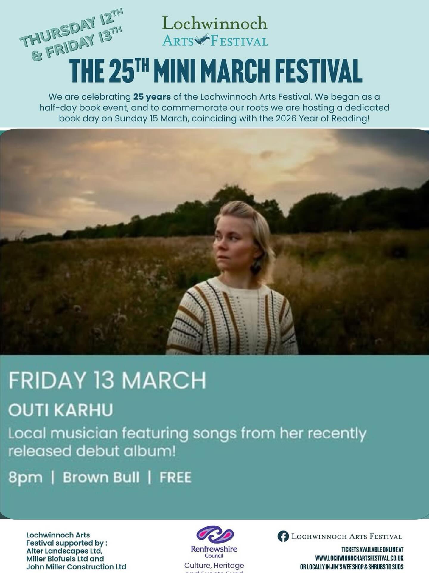 Gig News!
I’m playing an intimate little gig at my home village on Friday 13th March.
Part of the Lochwinnoch Arts Festival.
The lovely talented @diljeetb_flute and @toteyfringemusic (who also played on the album) are joining me too.
From 8pm at the Brown Bull, Lochwinnoch.
And it’s free entry 😊
#lochwinnochartsfestival #womeninmusic #chamberfolk #outikarhu #letthelightin