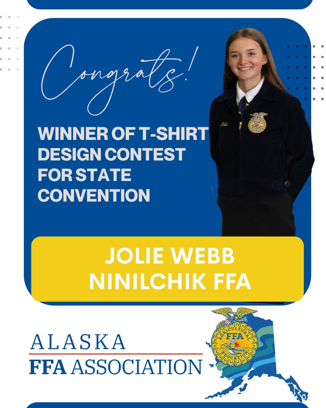 Congratulations to the winner of the annual t-shirt design contest, Jolie Webb, of the Ninilchik FFA Chapter! Congratulations Jolie, we are so proud of you and are incredibly excited to wear your design!
