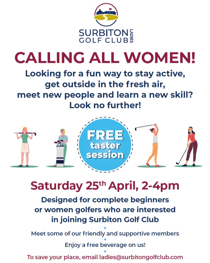 Join us on Saturday, 25th April for our Ladies Taster Day. All abilities welcome! Email ladies@surbitongolfclub.com to book your space. #ladiesgolf #surreyladiesgolf #surreywomensgolf #ladiesgolftaster