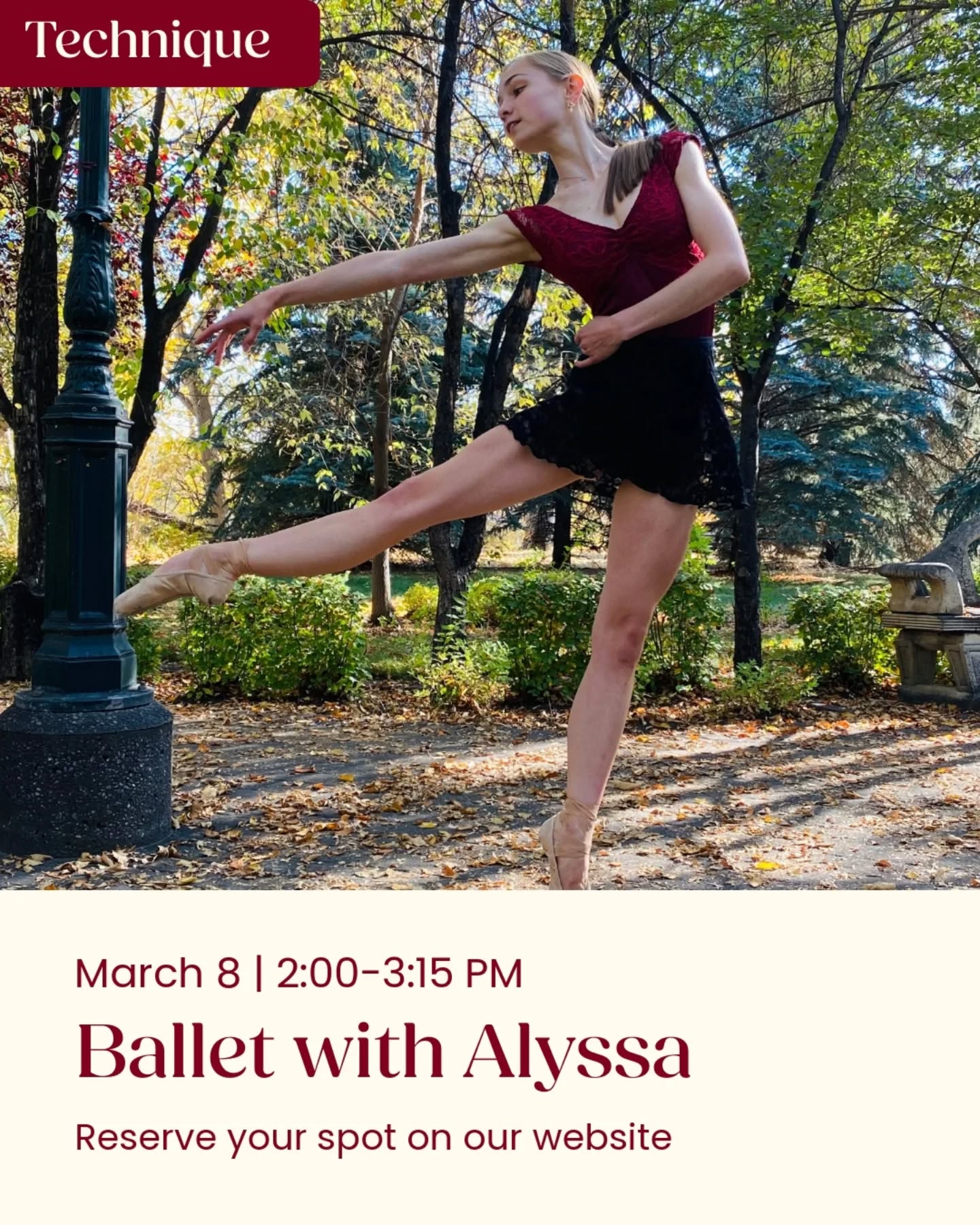 Meet Alyssa!
Alyssa is a former professional dancer with Alberta Ballet. She loves the structure and technique of ballet and her favourite thing to do in her free time is a ballet barre! Alyssa recently moved back to Ontario, and has been pursuing her love for ballet through teaching and performing in seniors homes. Alyssa will be attending Queens university in May for their 16-month consecutive education program as part of their artist in community program track. She is excited to combine her passion for dance and teaching in her future career.
Join us for a Ballet Technique class with Alyssa on Sunday March 8 at 2:00pm. Classes are $10/person (or free for a friend with our bring a friend promo). We can't wait to see you there!!