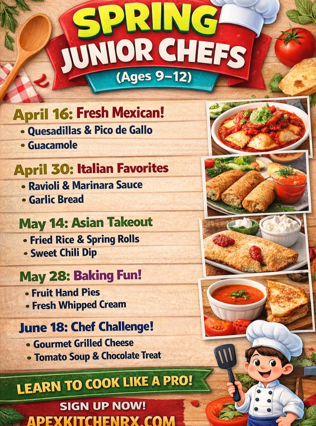Spring Classes (in-person) registration is now open! Join us at Apex Kitchen Rx for our upcoming Jr. Chefs classes and more. Visit apexkitchenrx.com for sign-ups and class schedules.