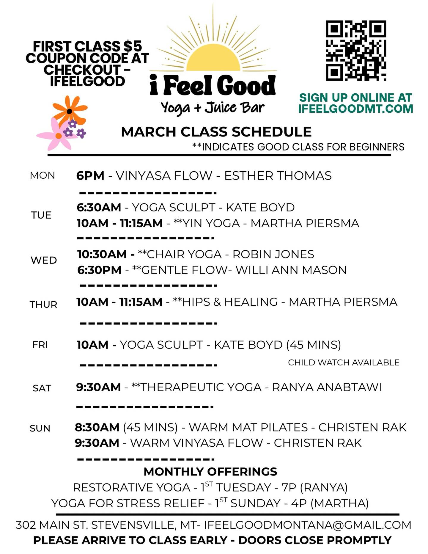 So many ways to feel good this month.
Sign up for classes at ifeelgoodmt.com or show up to class early. Your first class at the studio is $5. $15 drop-ins and packages make classes even cheaper.