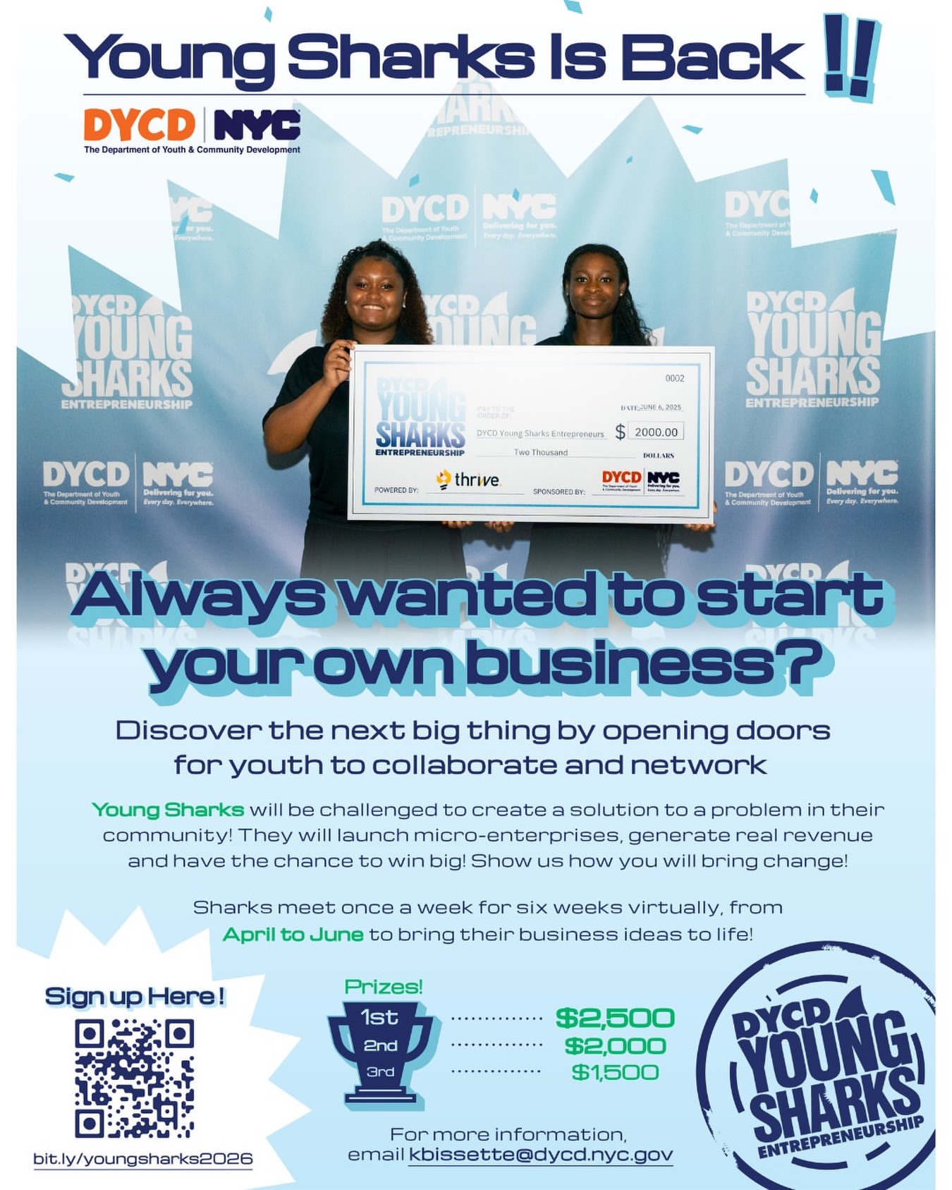 Repost from @nycyouth
ā¢
š¦ Calling all young innovators!
The DYCD Young Sharks 2026 application deadline is March 16.
Youth ages 13ā20 will turn big ideas into real solutions ā designing products, building business plans and pitching for cash prizes up to $2,500. š”š¼
Apply now: https://bit.ly/youngsharks2026
#Entrepreneurship #NYCYouth