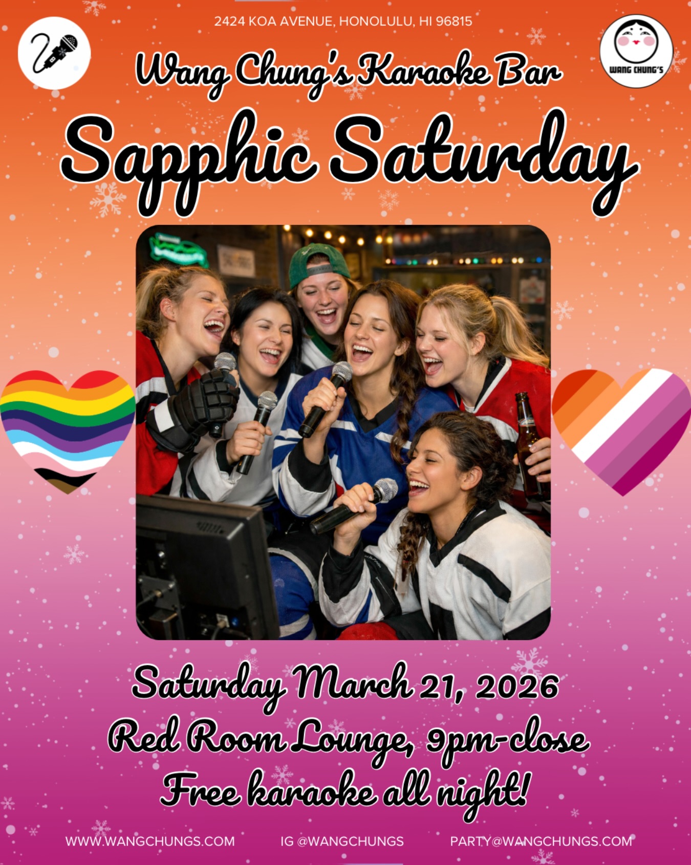 Sapphic Saturdays at Wang Chungโs! Come vibe with your LGBTQI+ fam on Saturday 3/21/26. Elevating our womyn and queer folx! ๐ฉท๐งก๐ค๐ฉต