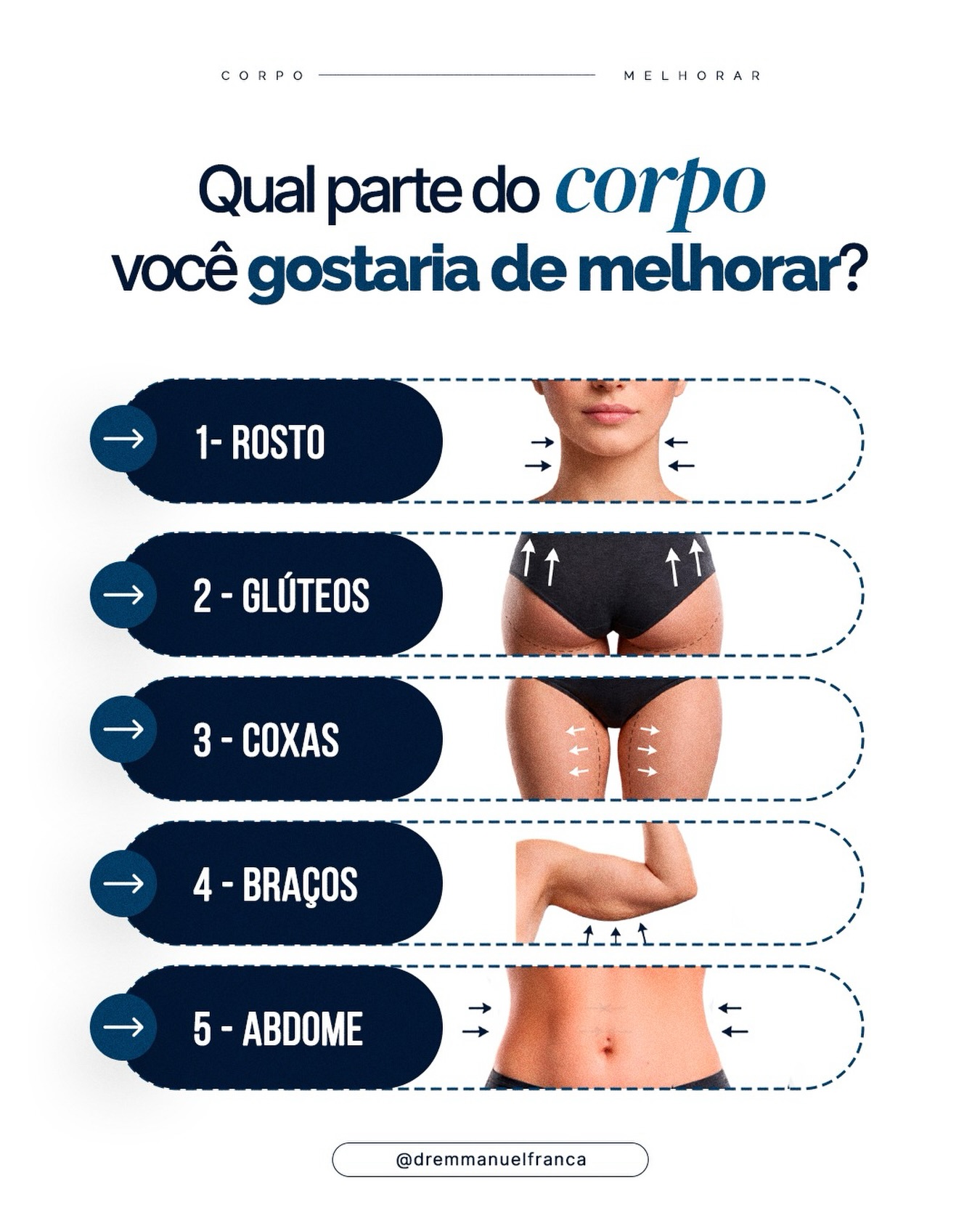 Cada corpo conta uma história e sempre existe algo que pode ser aprimorado com cuidado e equilíbrio.
Rosto, glúteos, coxas, braços ou abdome: a estética corporal vai além da aparência. Ela envolve autoestima, bem-estar e a confiança de se sentir bem no próprio corpo.
O mais importante é entender que cada tratamento deve ser personalizado, respeitando suas características e seus objetivos.
Qual dessas áreas você gostaria de melhorar? 👇
1️⃣ Rosto
2️⃣ Glúteos
3️⃣ Coxas
4️⃣ Braços
5️⃣ Abdome
💬 Comente o número ou fale conosco pelo link da bio para saber quais tratamentos podem ajudar você a alcançar seus objetivos com segurança.
Dr Emmanuel França
Dermatologista
CRM 5999
RQE 636
📍Skin Prime - Riomar Trade Center - Torre 3 - Sala 1905
☎️ (81) 3036-4040