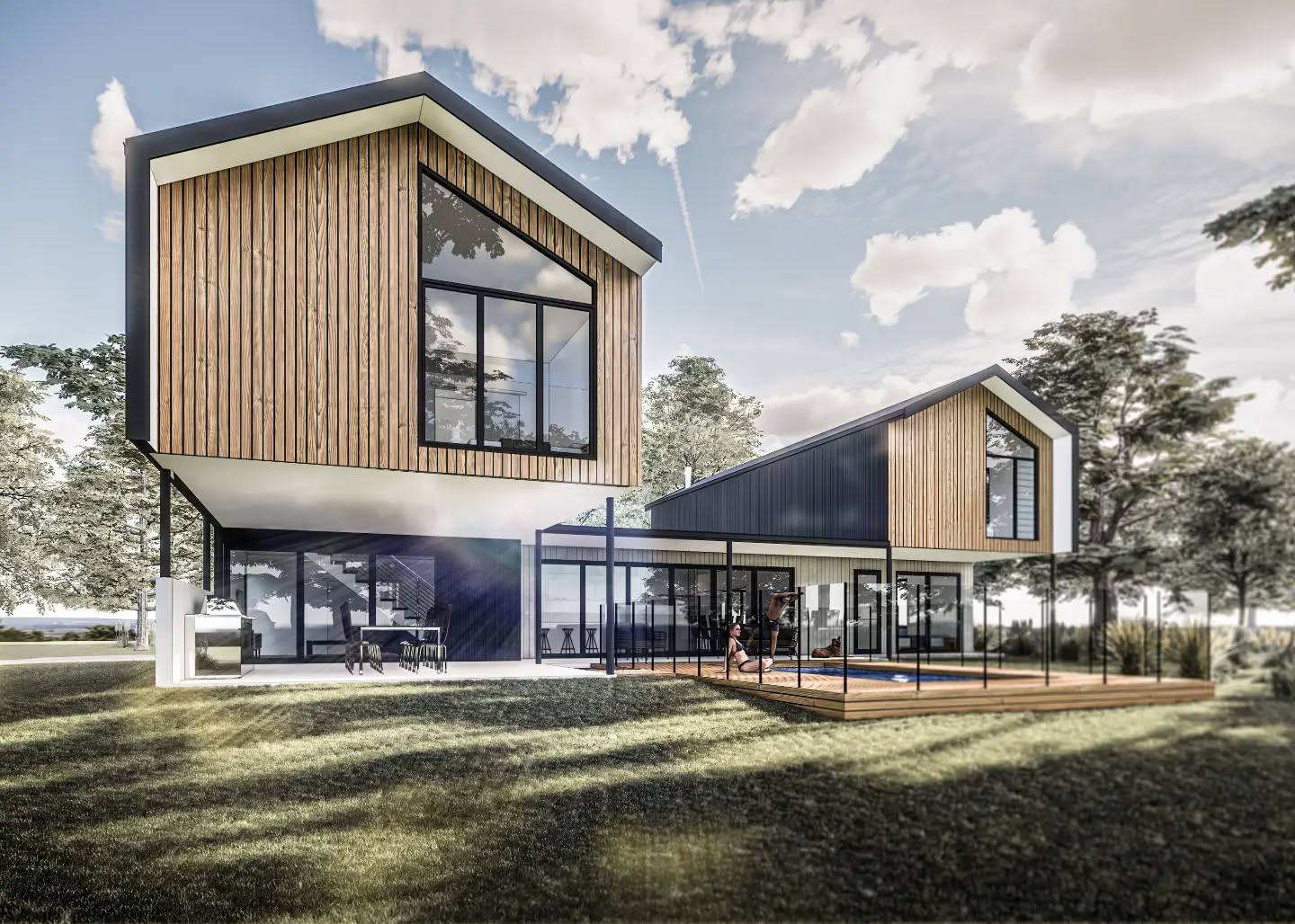 Well we do like the shapes in this one 🏠
Simple pallette, triple garage, pool, lots of connection to the surrounding bush, mezzanine floor, bath overlooking more bush 🌳