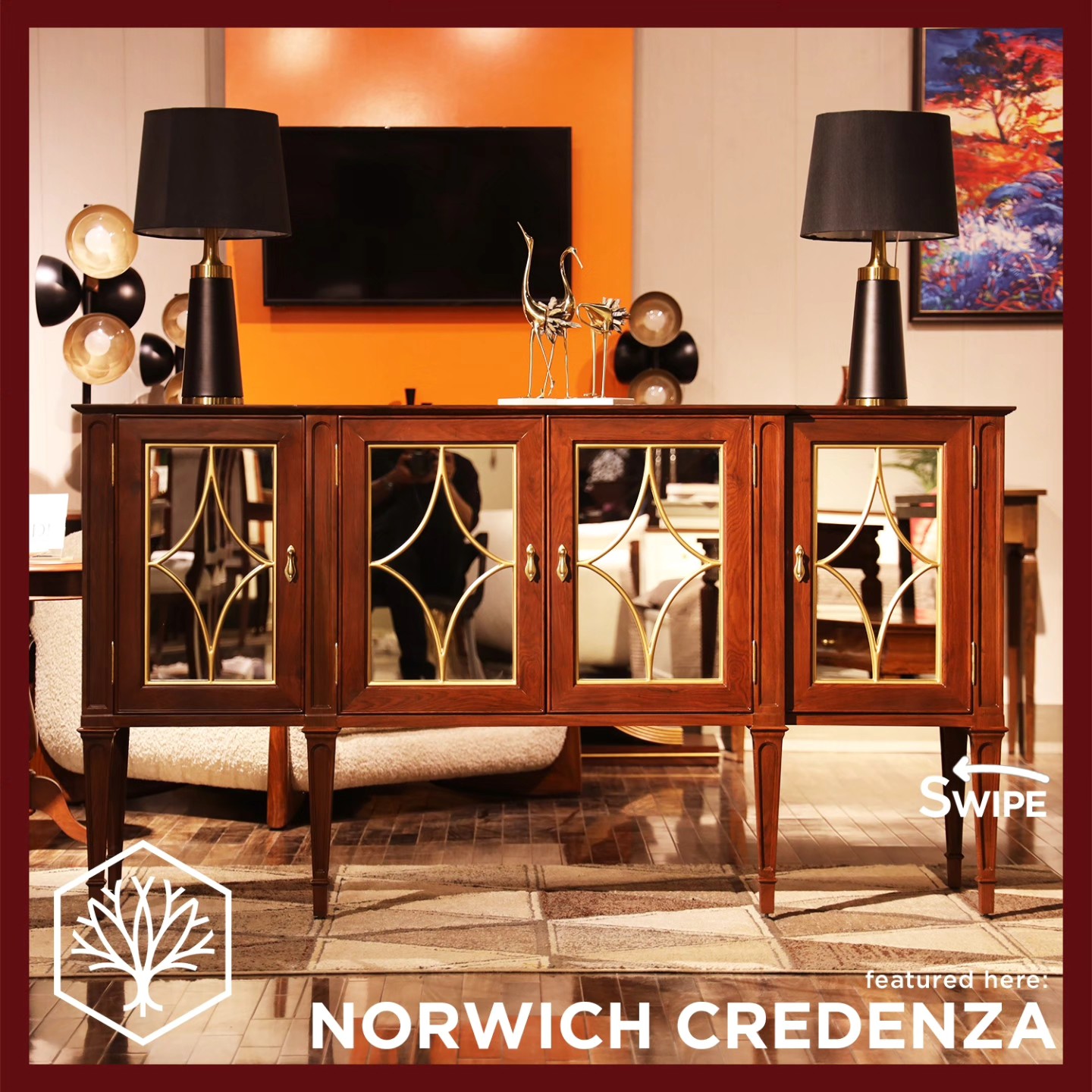 The versatile Norwich Credenza exudes transitional charm, offering both surprise and sophistication. Its generous proportions are elevated by gracefully tapered legs and recessed pilasters that add subtle architectural detail. The true showpiece lies in its cabinet doors, where mirrored panels are embellished with golden grilles in a striking arched motif.