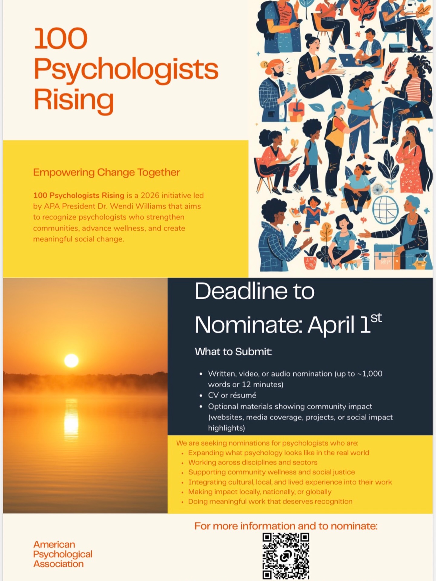 🌟 Call for Nominations! 🌟
The “100 Psychologists Rising” initiative by Wendi Williams highlights psychologists using psychological science in nontraditional spaces to advance collective wellness and social impact.
Know someone doing innovative, community-centered work? Nominate them!
📅 Deadline: April 1, 2026
🔗 Apply through QR Code on flyer
#PsychologistsRising #APA #Division35 #WomenInPsychology #SocialImpact