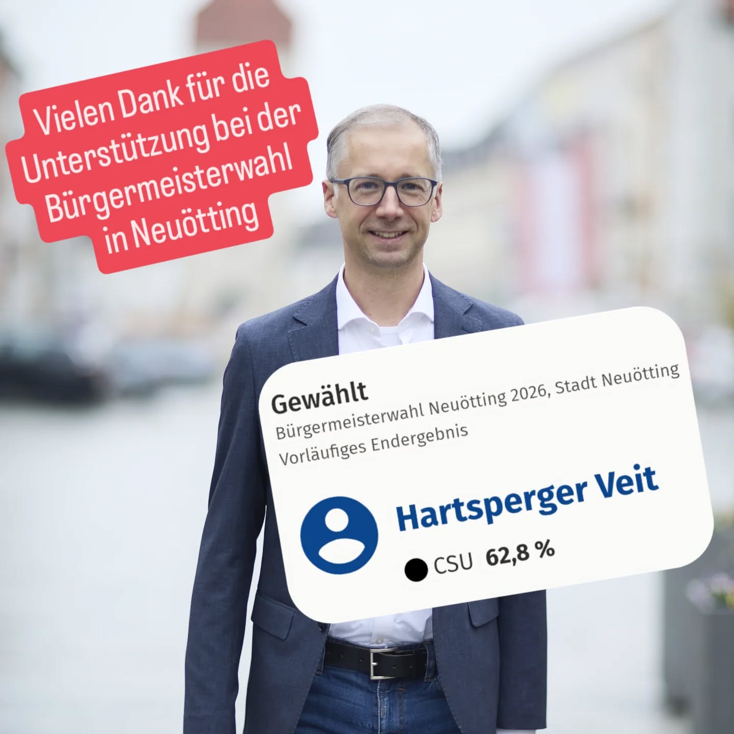 Ich bin überwältigt von der großartigen Unterstützung bei der Wahl zum Ersten Bürgermeister der Stadt Neuötting. Von Herzen danke ich allen Wählerinnen und Wählern für das entgegengebrachte Vertrauen. Dieses Ergebnis bedeutet mir sehr viel.
Mit großer Freude, Respekt vor der Aufgabe und voller Motivation freue ich mich darauf, gemeinsam mit Ihnen die Zukunft unserer Stadt zu gestalten.