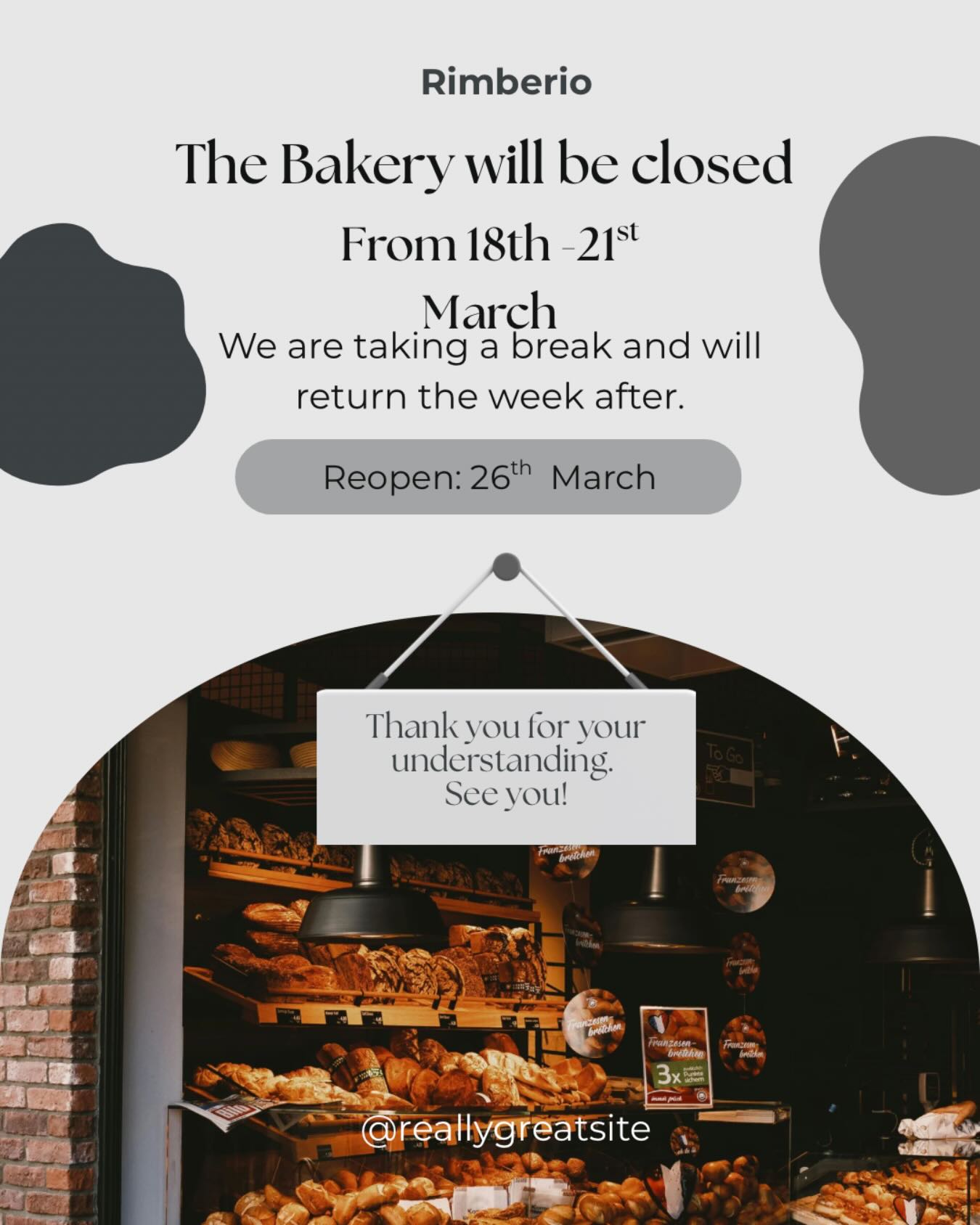 Hi just to make you aware that the bakery will be shut on these dates. Need a little break. Still open this week for orders.