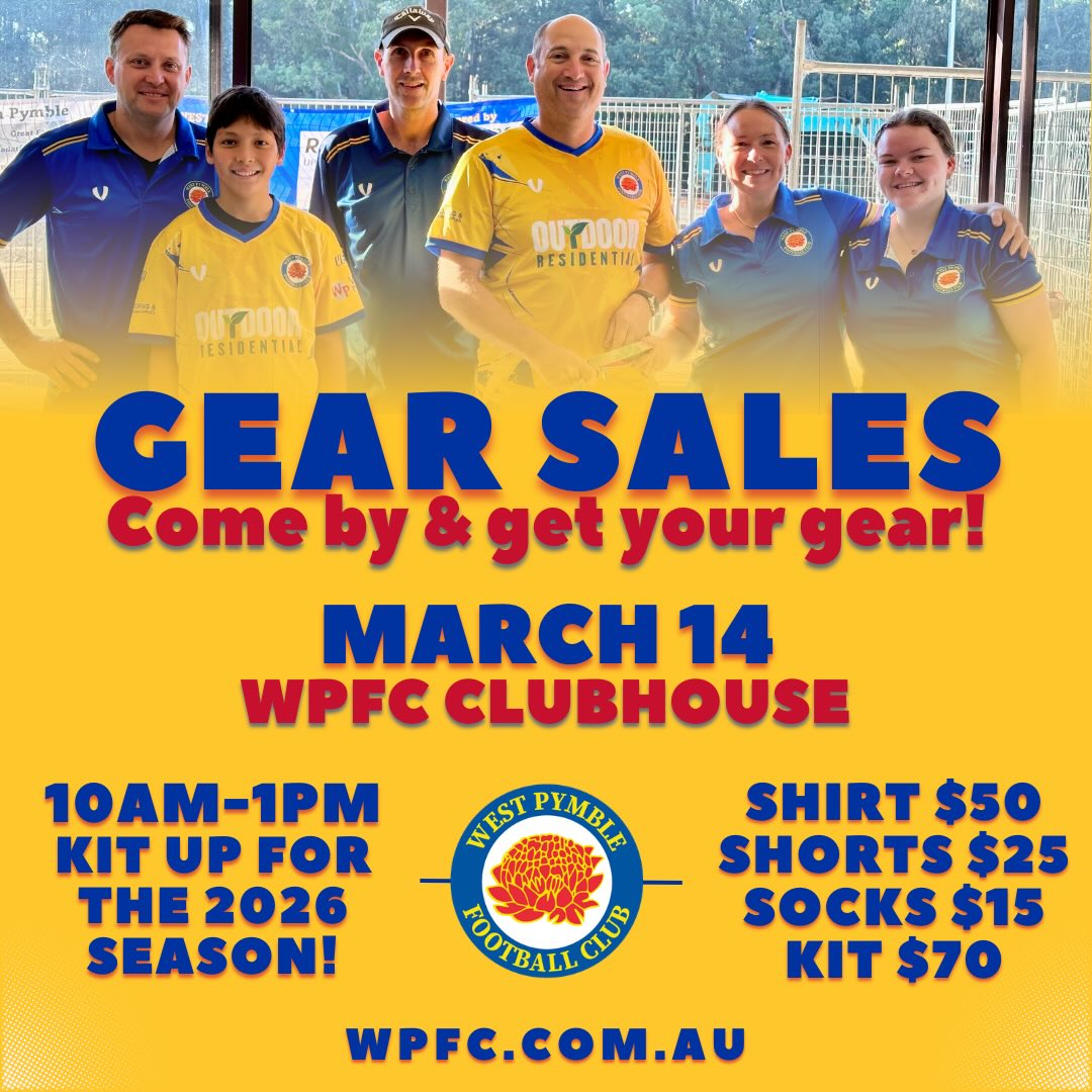 With the season fast approaching Gear Sales is here! 💛💙
Come on down to the WPFC Clubhouse, this Saturday, March 14, between 10am and 1pm for Gear Sales of 2026!
More gear sales dates and times below incase you can’t make it this Saturday!
- Saturday March 14th, 10am – 1pm
- Sunday March 22nd, 10am – 1pm
We would love volunteers to help out at our gear sales - even just for a bit!
If you’d like to lend a hand and sell some gear please reach out to:
📧 Gear@wpfc.com.au
In addition to our gear sales we would love to re-start our boot swap program!
If you have an old pair of boots lying around the house that don’t fit you anymore or that you just don’t wear, we’d love if you could donate them! Bring them to the clubhouse during gear sales to donate!
Bring in your old boots and swap for a pair of new (to you!) boots! (Please ensure the boots you are donating / swapping are in good condition)
We can’t wait to see you all, head to toe in WPFC Gear and ready for a great 2026 Season! 💛💙
