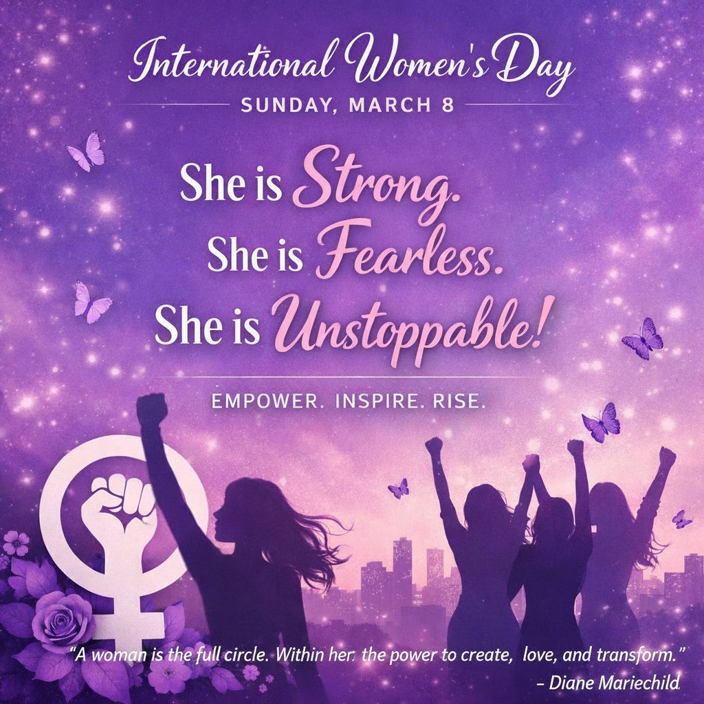 She is Strong. She is Fearless. She is Unstoppable! 💜
International Women's Day | Sunday, March 8
To every woman who dares to dream, who refuses to settle, who activates her faith and steps into her purpose—this day is for YOU.
"A woman is the full circle. Within her is the power to create, nurture, love, and transform." - Diane Mariechild
You are a warrior. You are worthy. You are called to rise.
Empower. Inspire. Rise.
#InternationalWomensDay #WomenEmpowerment #SheIsStrong #FaithAndPurpose #BermudaPrays #WomenOfFaith #Unstoppable