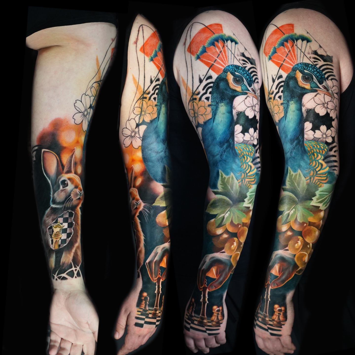 This entire piece was completed over four consecutive days for a client who flew in all the way from Germany.
Massive respect to him for sitting like an absolute trooper through some very long sessions and trusting the process from start to finish. Projects like this only work with that level of commitment.
Really grateful to have collectors willing to travel across the world for my work.
What do you guys think of the final result?
#peacocktattoo #rabbittattoo #chesstattoo #fullsleeve