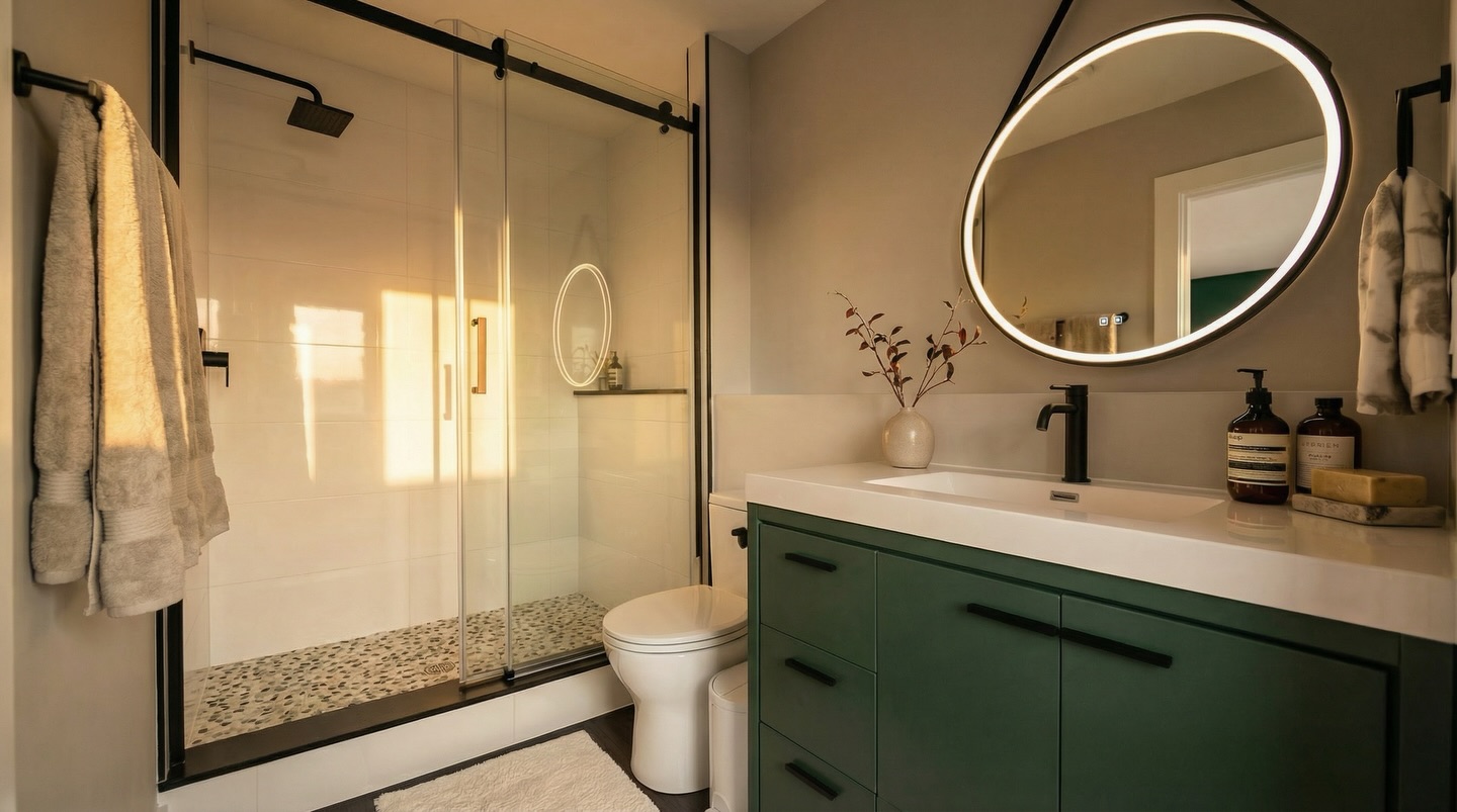 This bathroom came together beautifully. The green vanity adds the perfect amount of color along with the matte black fixtures that keep everything clean and modern. That round illuminated mirror just pulls it all together. Simple choices, but they make the whole space feel calm and finished.
It’s a reminder that bathrooms don’t need to be huge to feel like a big upgrade.
If you’ve got a space that’s feeling outdated, we’d love to help you turn it into something like this.