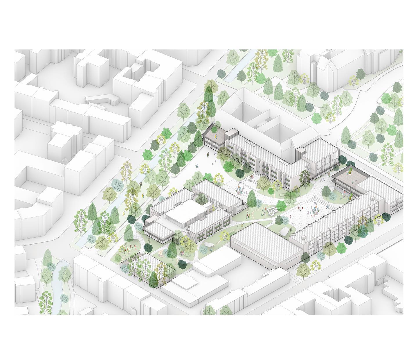 Project 2
BACK TO SCHOOL
Transforming an existing school in the northern Berlin district Wedding with wooden extensions and the demolition of asbestos contaminated buildings was our vision. We wanted to create an inviting schoolyard for the pupils which also connects the two parks in the north and west.
The 3 buildings have different functions:
-The U shape building has a mensa to eat and a gymnasium at the sites, the rest are classrooms.
-The L shape building has a library and language centre at their extremities and biology, chemistry classrooms in between
-The left building has classrooms, youth centre and the School Auditorium in the centre
We placed library, language centre, gymnasium, mensa, youth centre in a way, that they are also useable for the public without disturbing the school life 🏫
Axo Illustration by @onr_dgrmnci
#architecturedaily #architectureschool #architecturegram #conceptdesign #newarchitecture #archisource #studio #ideas #architecturalillustration #illustragram #universityarchitecture #studentdesign #thebestnewarchitects #instaarch #architecture_masters #architectureporn #arquitetura #arquitectura #arq #architecturemagazine #archiprix #schoolarchitecture #axo #axomadness #illustrationartists #architecturestudent #architecturedesign #archilovers #archistudent #axonometricillustration